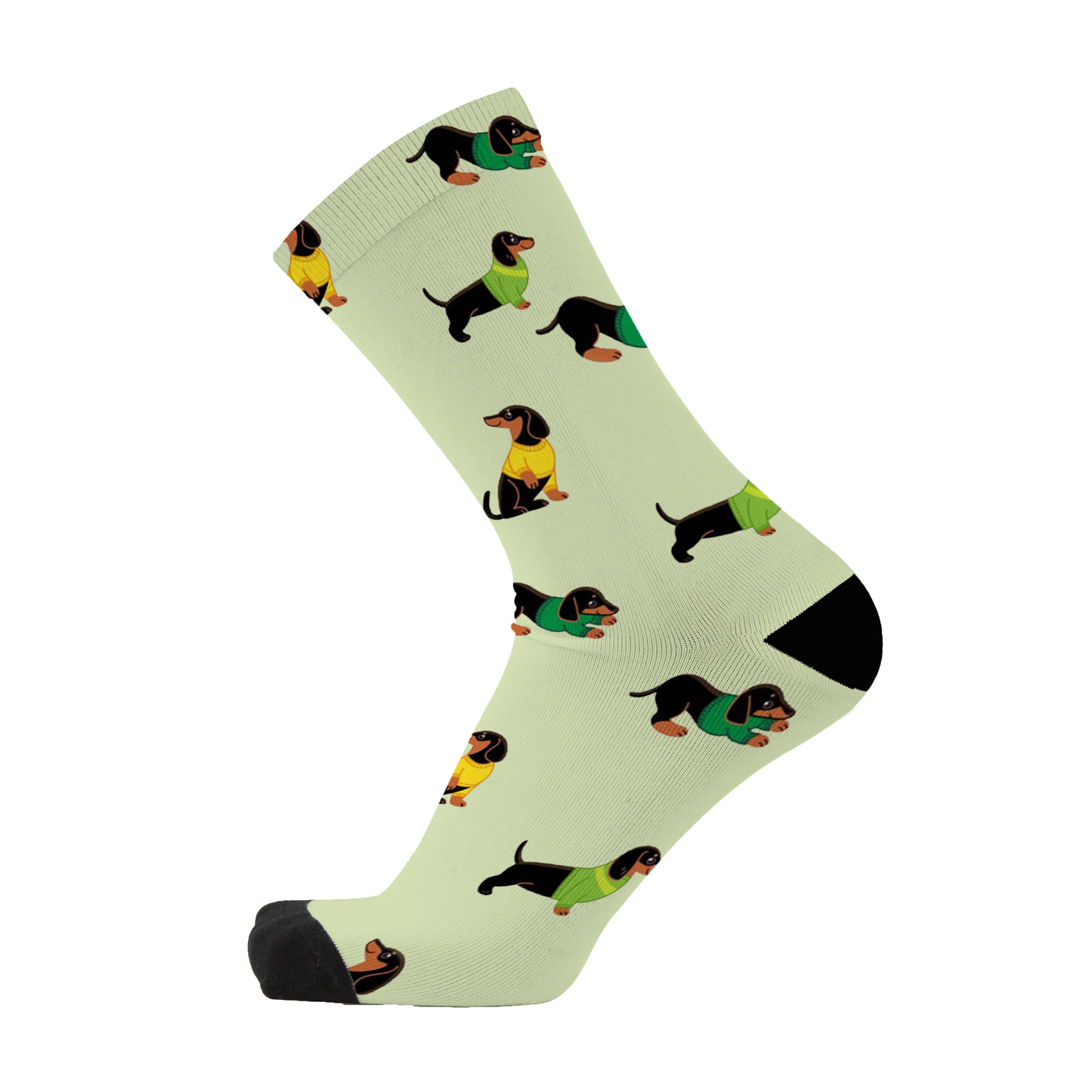 A light green sock with multiple dachshund dog patterns in various colors.