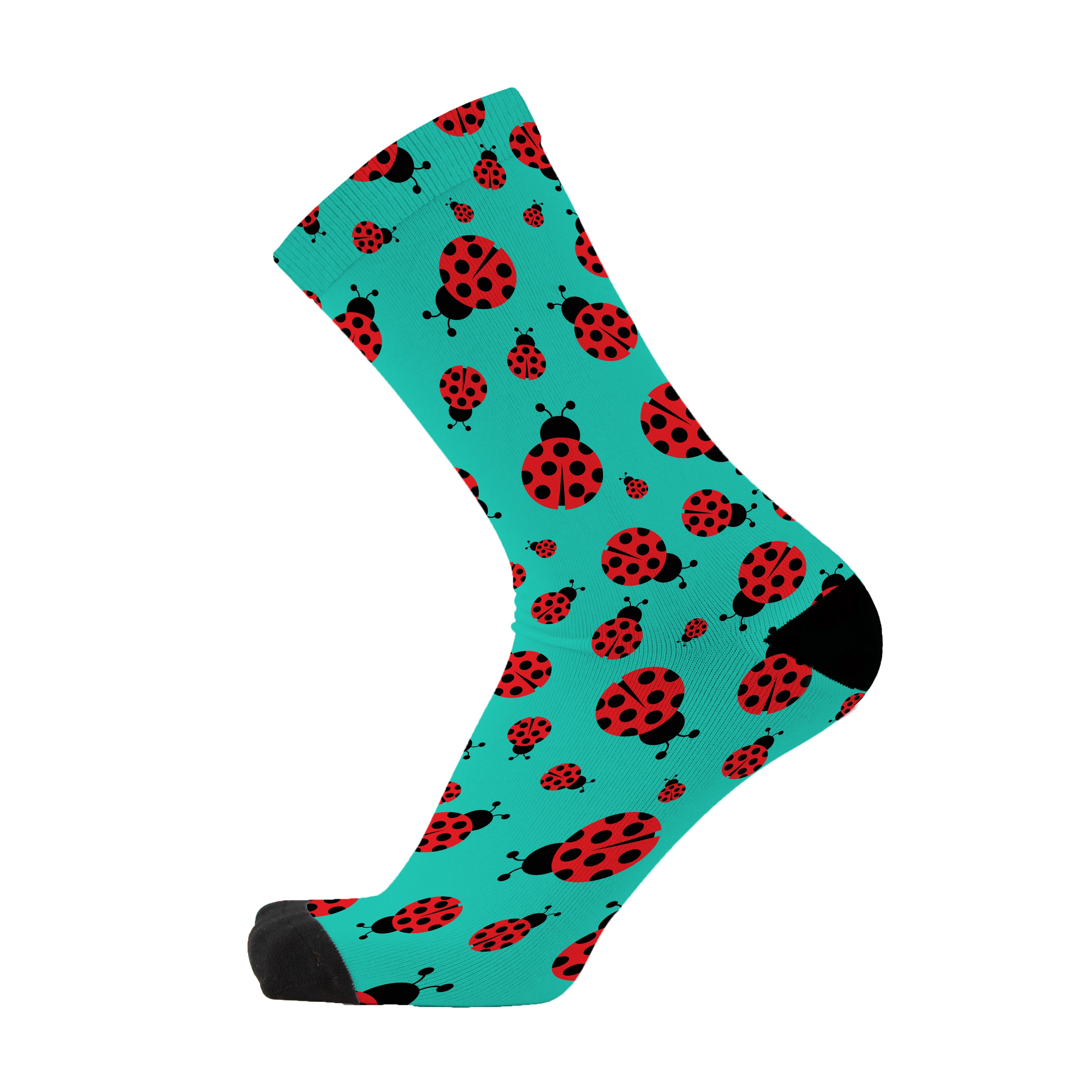 A colorful sock with a pattern of red ladybugs on a teal background.