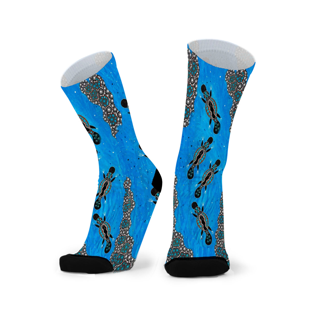 Platypus Race by Melanie Hava: pair of turquoise bamboo socks with platypuses and dotted patterns.