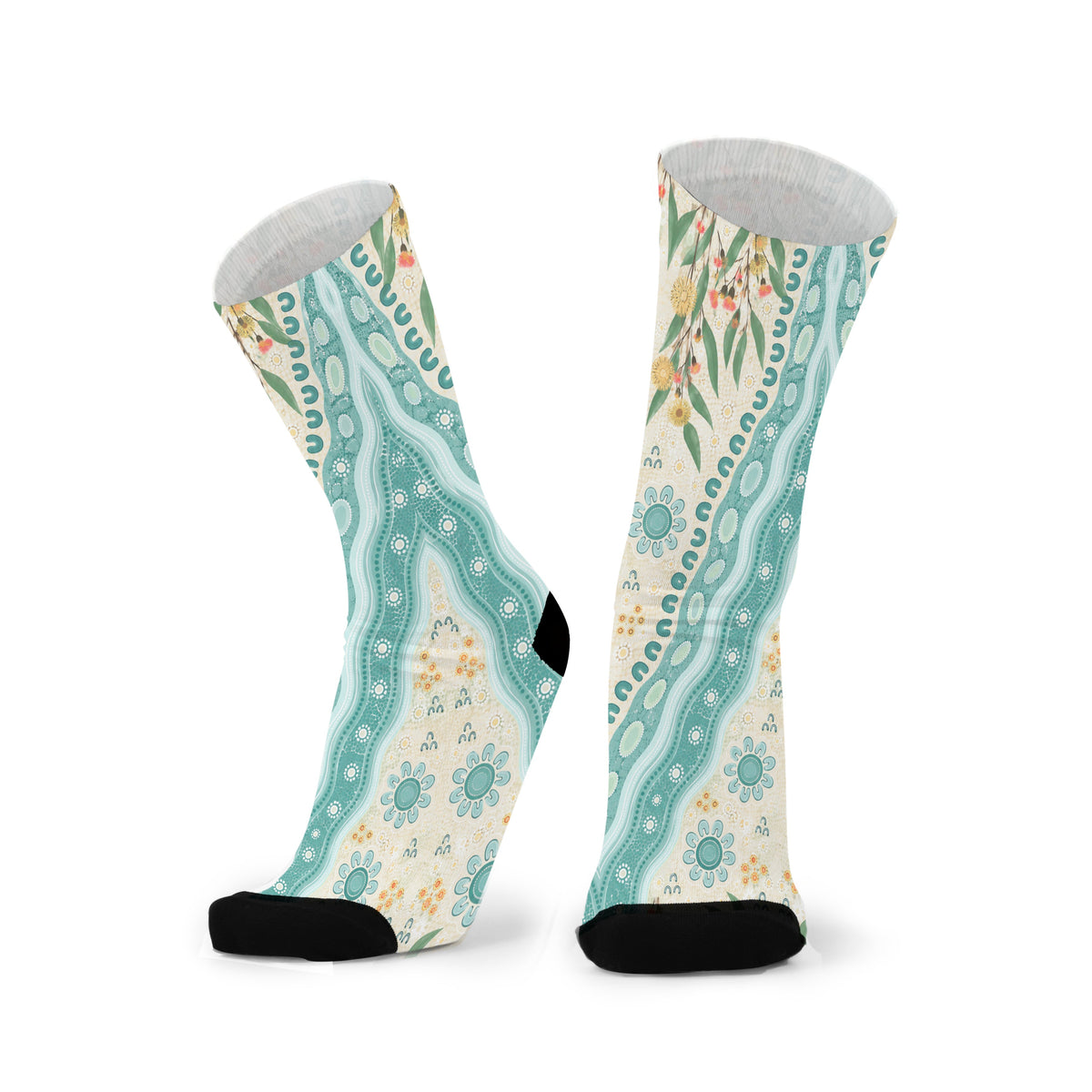 Waterways by Caitlin Trindall: pair of aqua and cream bamboo socks with flowing lines and botanical artwork.