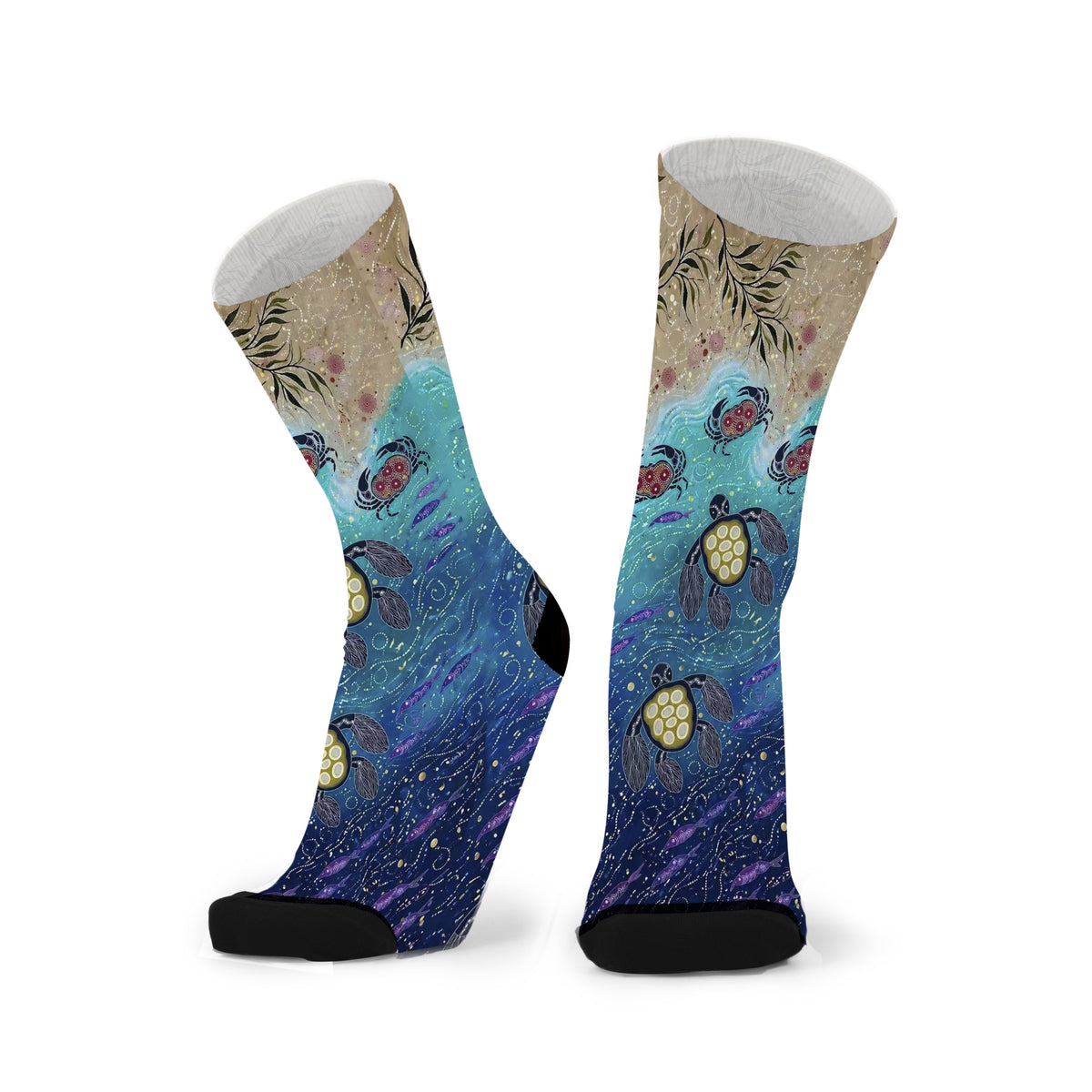 Returning to Shores by Melanie Hava: pair of bamboo socks with sea turtles, blue water and a sandy shoreline.