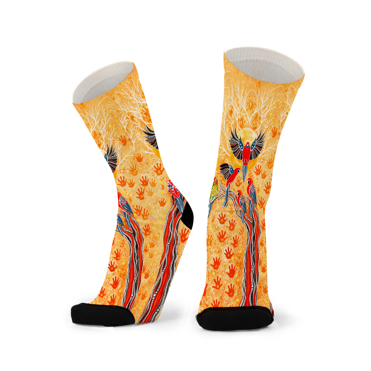 Rosella Reunion by Melanie Hava: pair of orange bamboo socks with colourful rosellas and floral patterns.