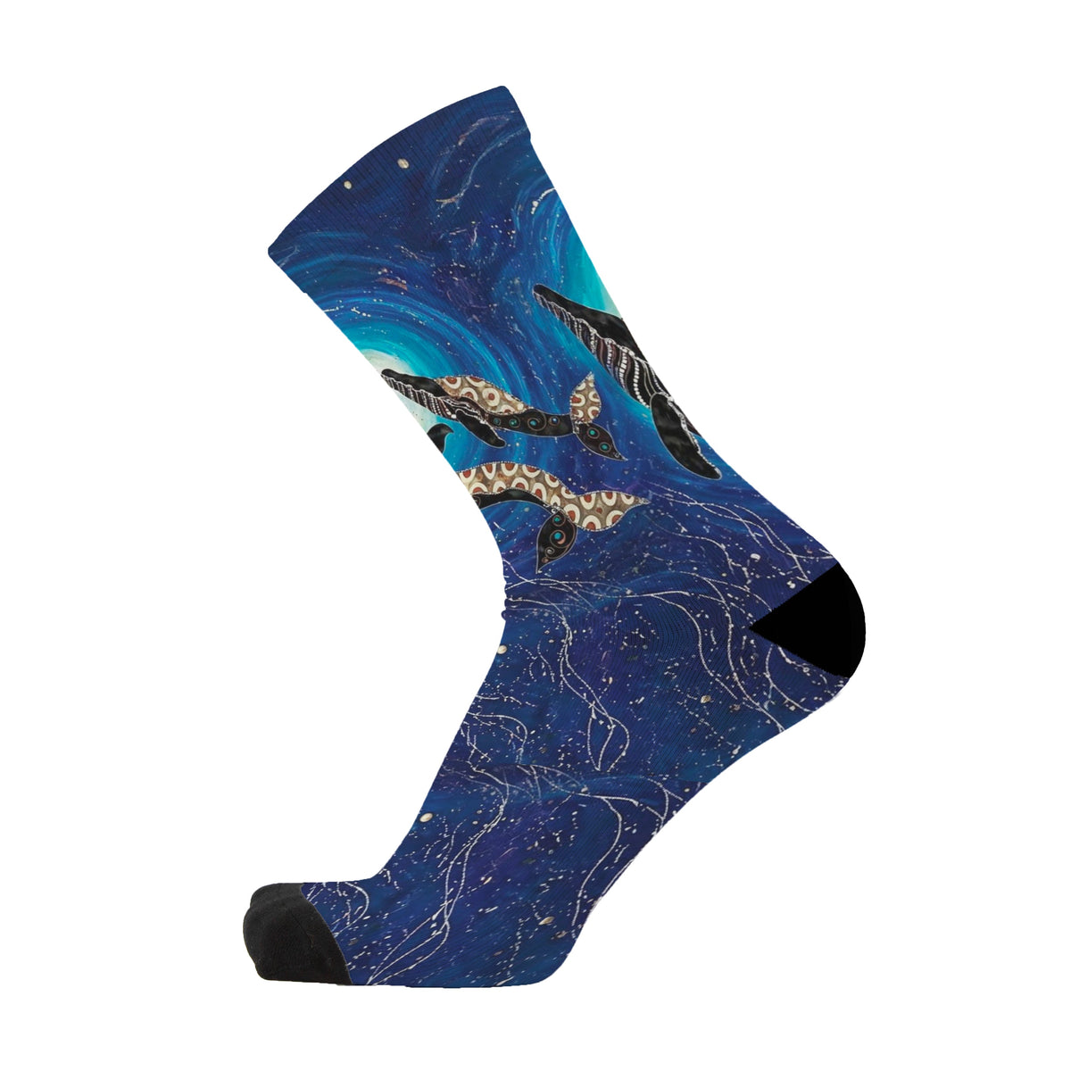Humpback Whales by Melanie Hava: side view of a dark blue bamboo sock with humpback whale artwork.