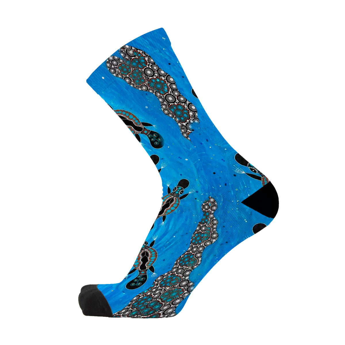 Platypus Race by Melanie Hava: side view of a turquoise bamboo sock with platypus artwork.