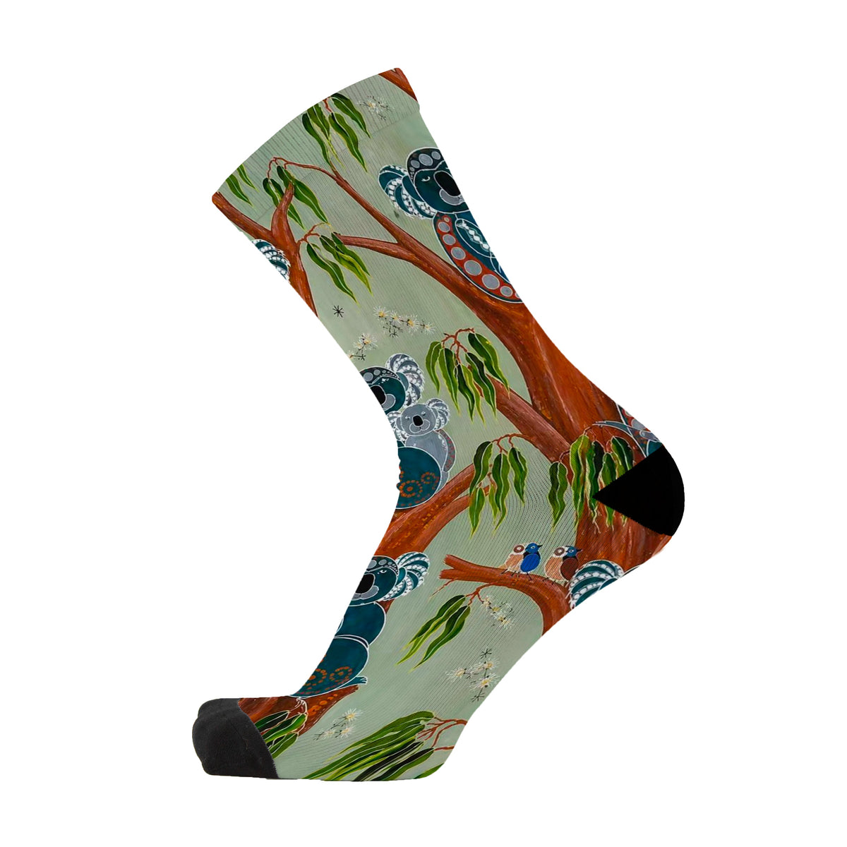 Koala Cuddles by Melanie Hava: side view of a pale green bamboo sock with koalas and orange branches.