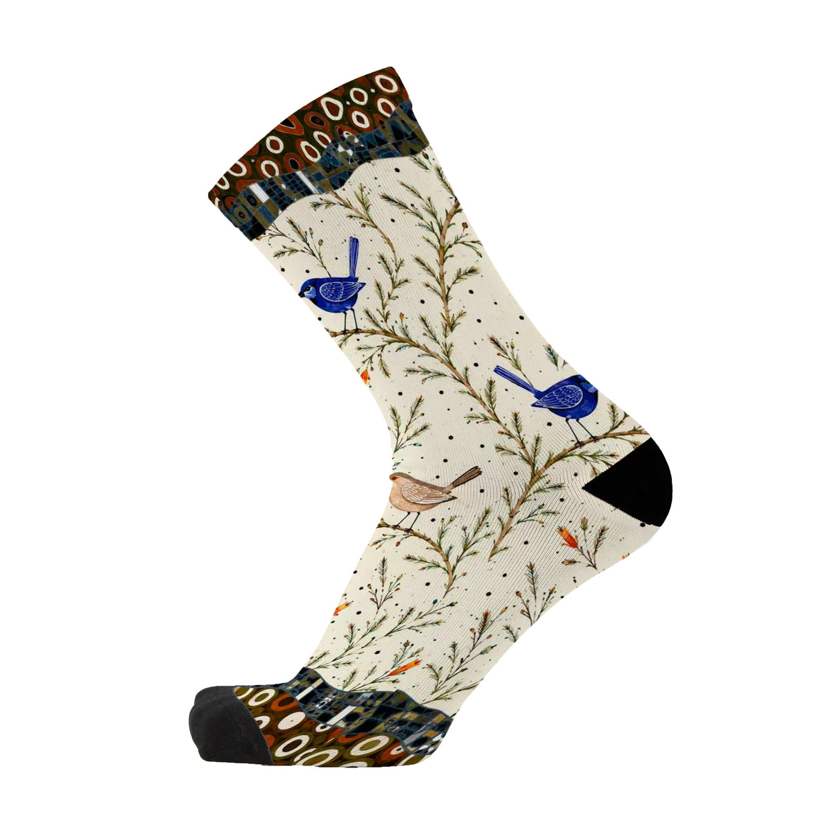 Fairy Wrens by Melanie Hava: side view of a cream bamboo sock with blue fairy wrens and dark cuff.