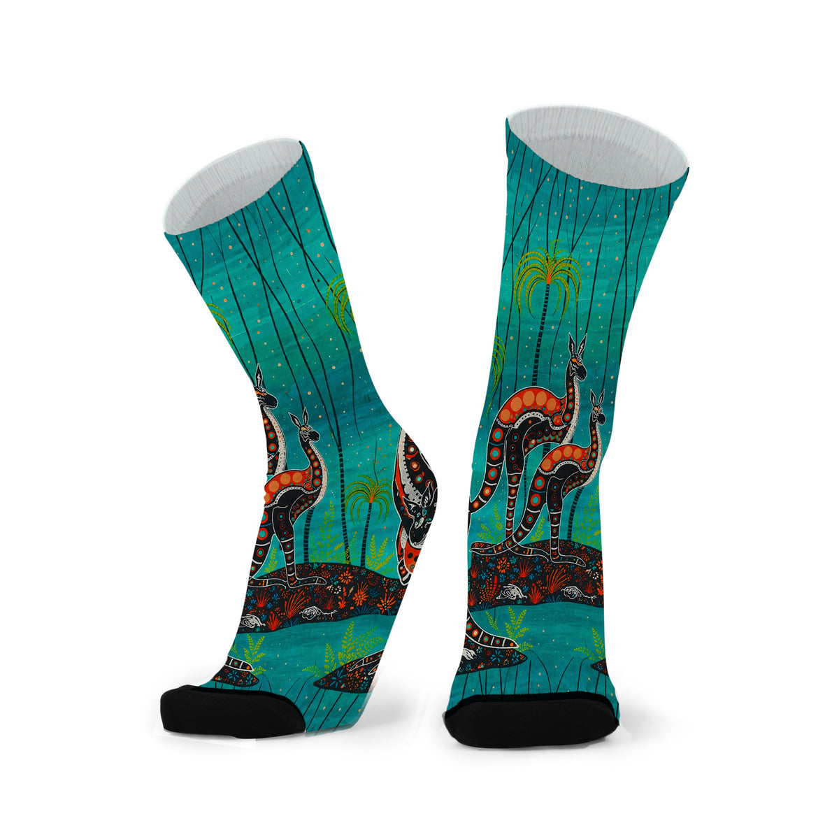 Heart of the Wild by Melanie Hava: pair of turquoise bamboo socks with kangaroos among tall trees.