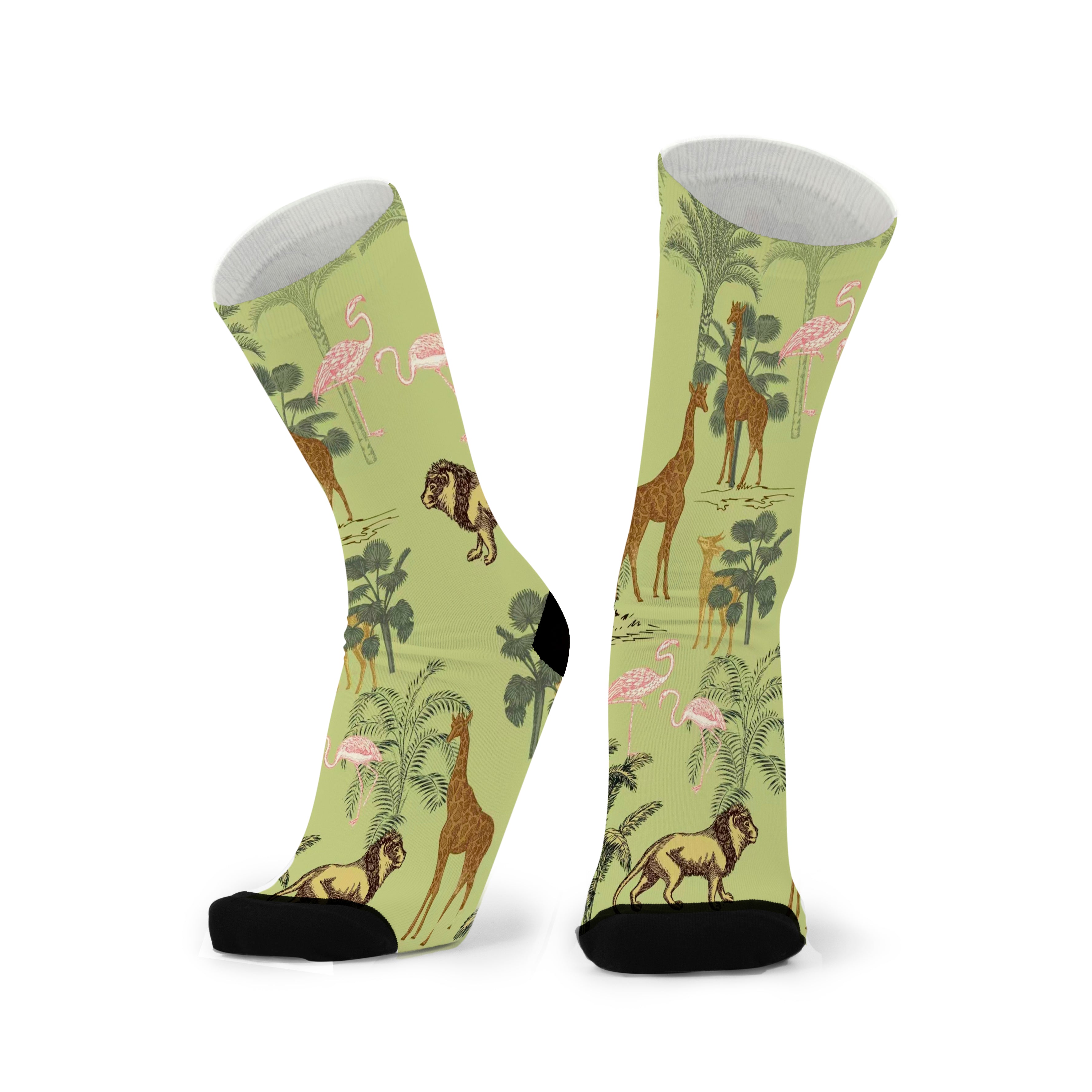 Colourful bamboo socks featuring lions, giraffes and flamingoes on a blue background.