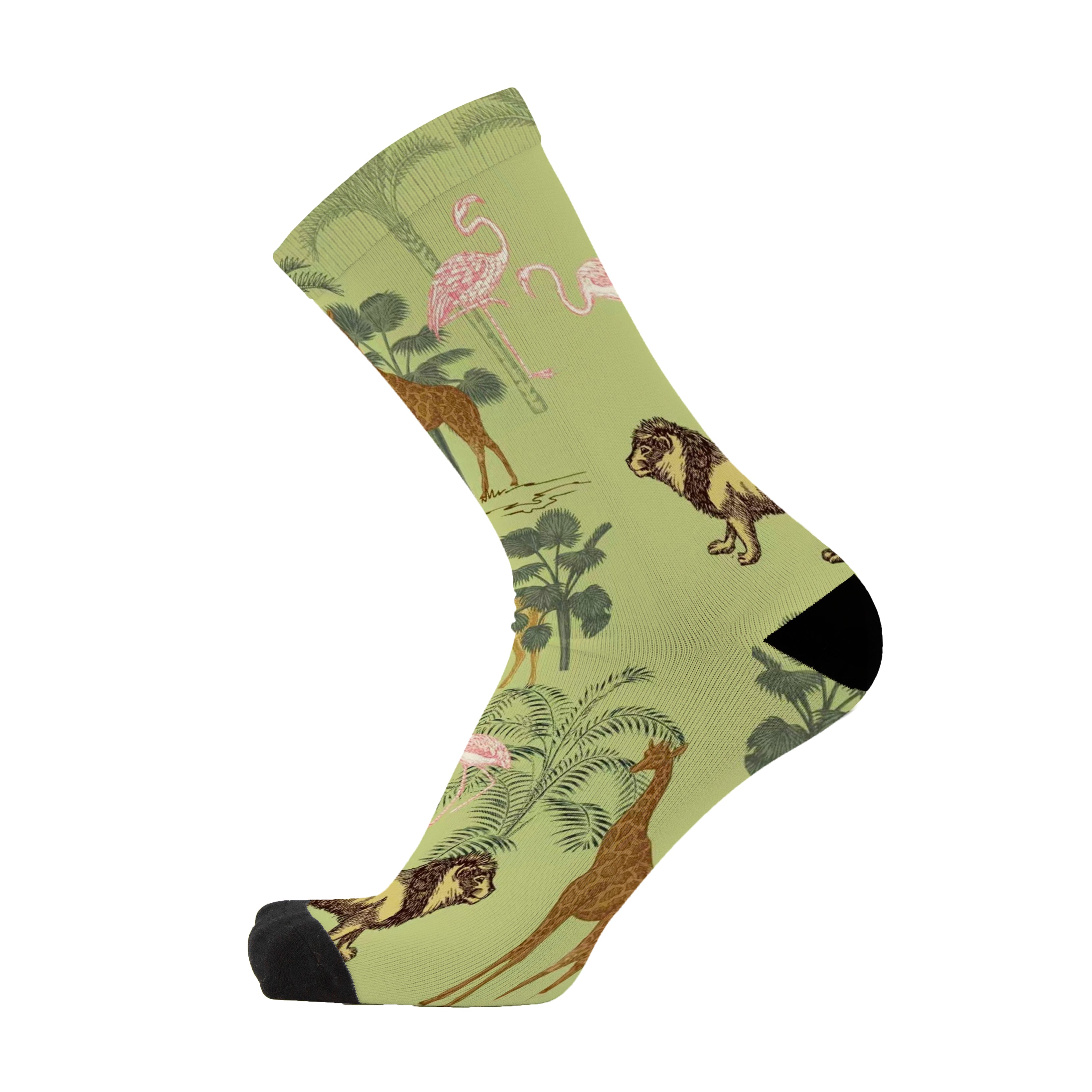 Colourful bamboo socks featuring lions, giraffes and flamingoes on a blue background.