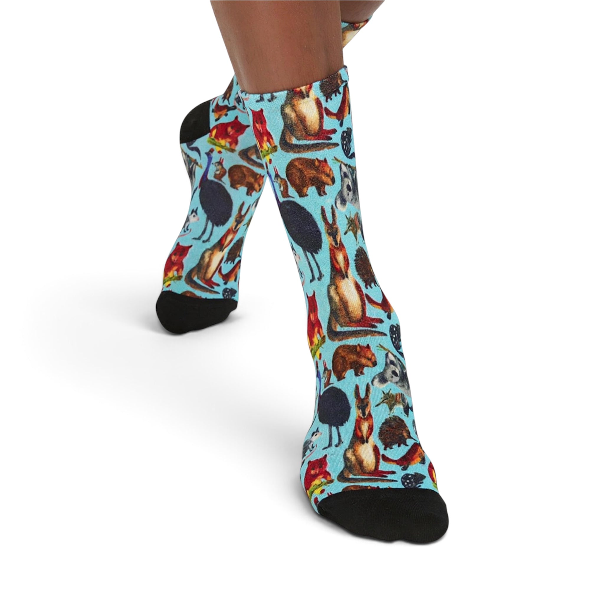 Australian animal bamboo socks with kangaroo koala wombat emu and native wildlife print