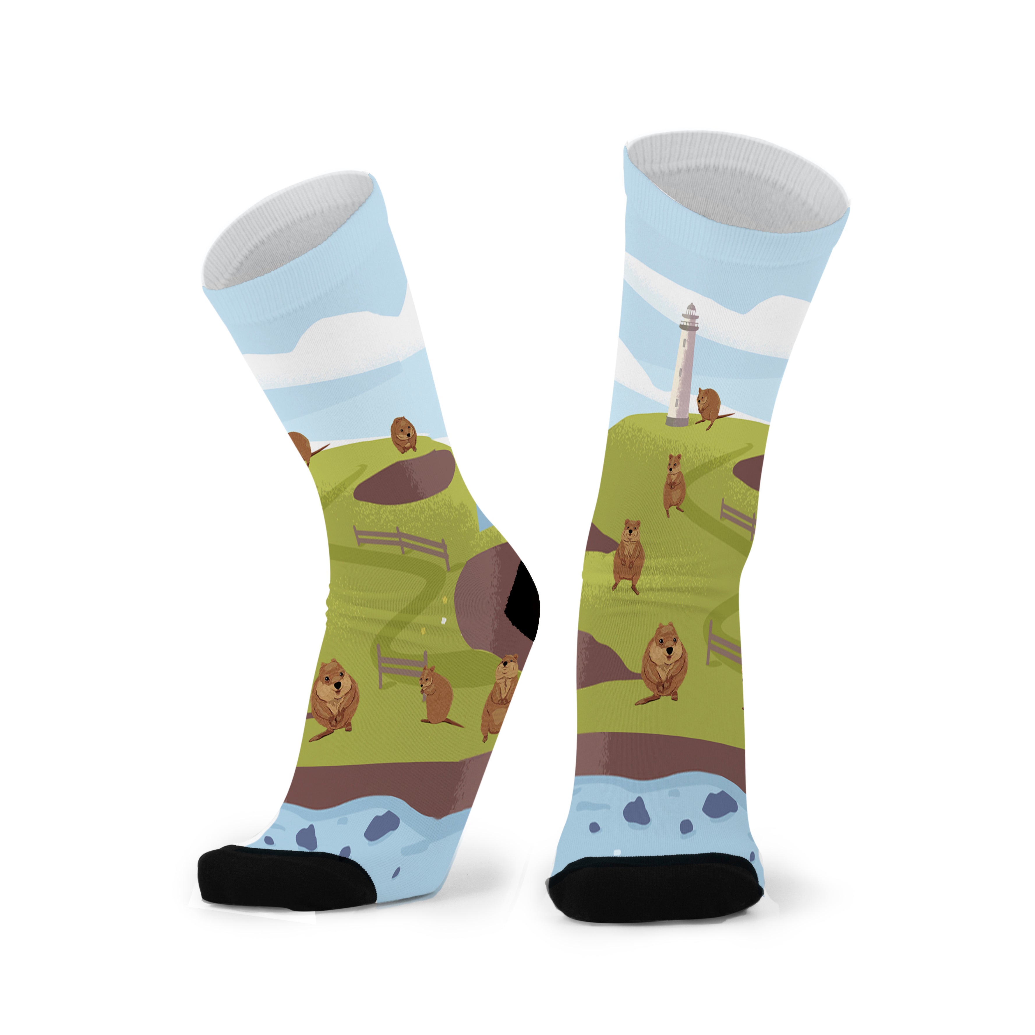 Colourful bamboo socks featuring quokkas at Rottnest Island on a green background.