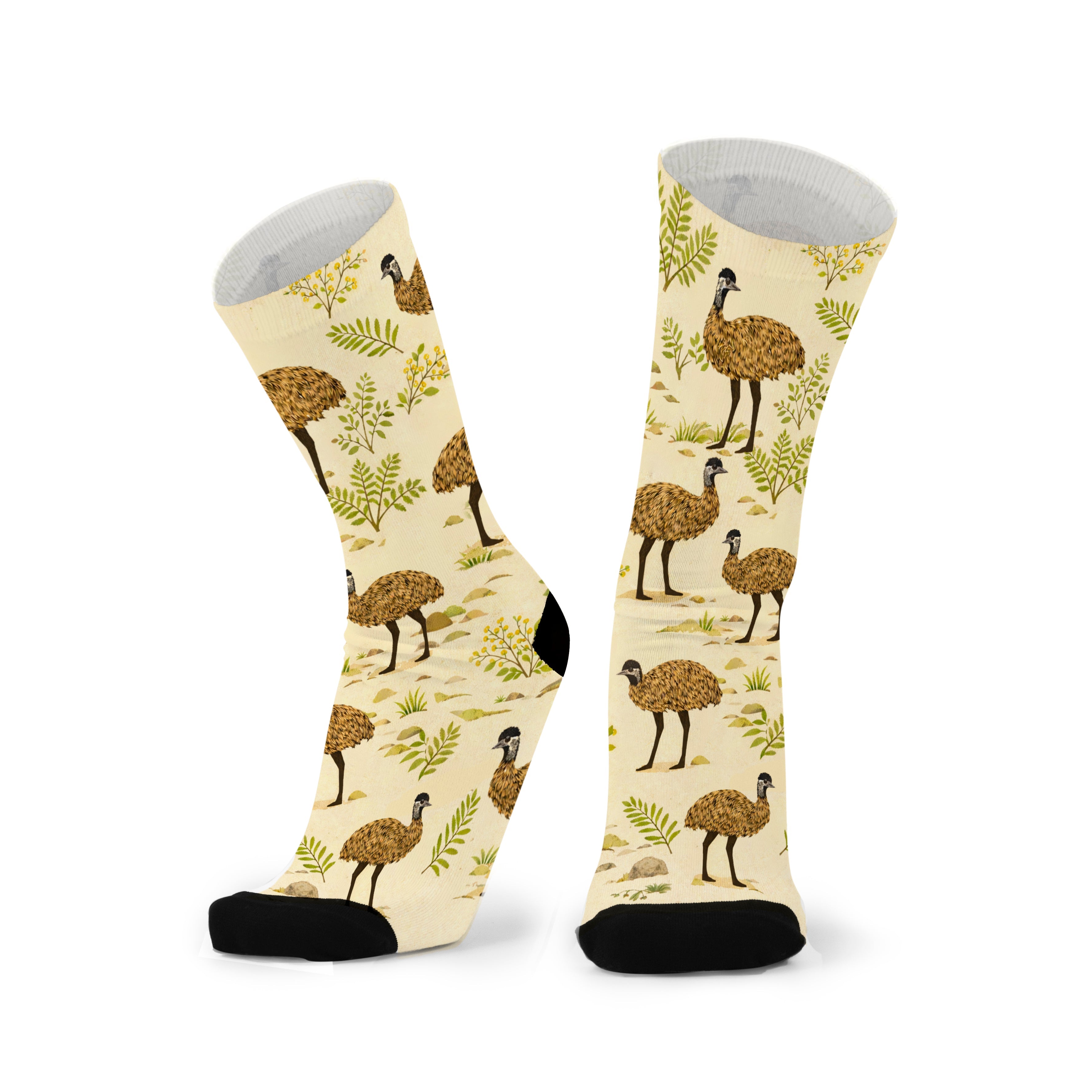 Colourful bamboo socks featuring Emus and leaves on a light brown background.