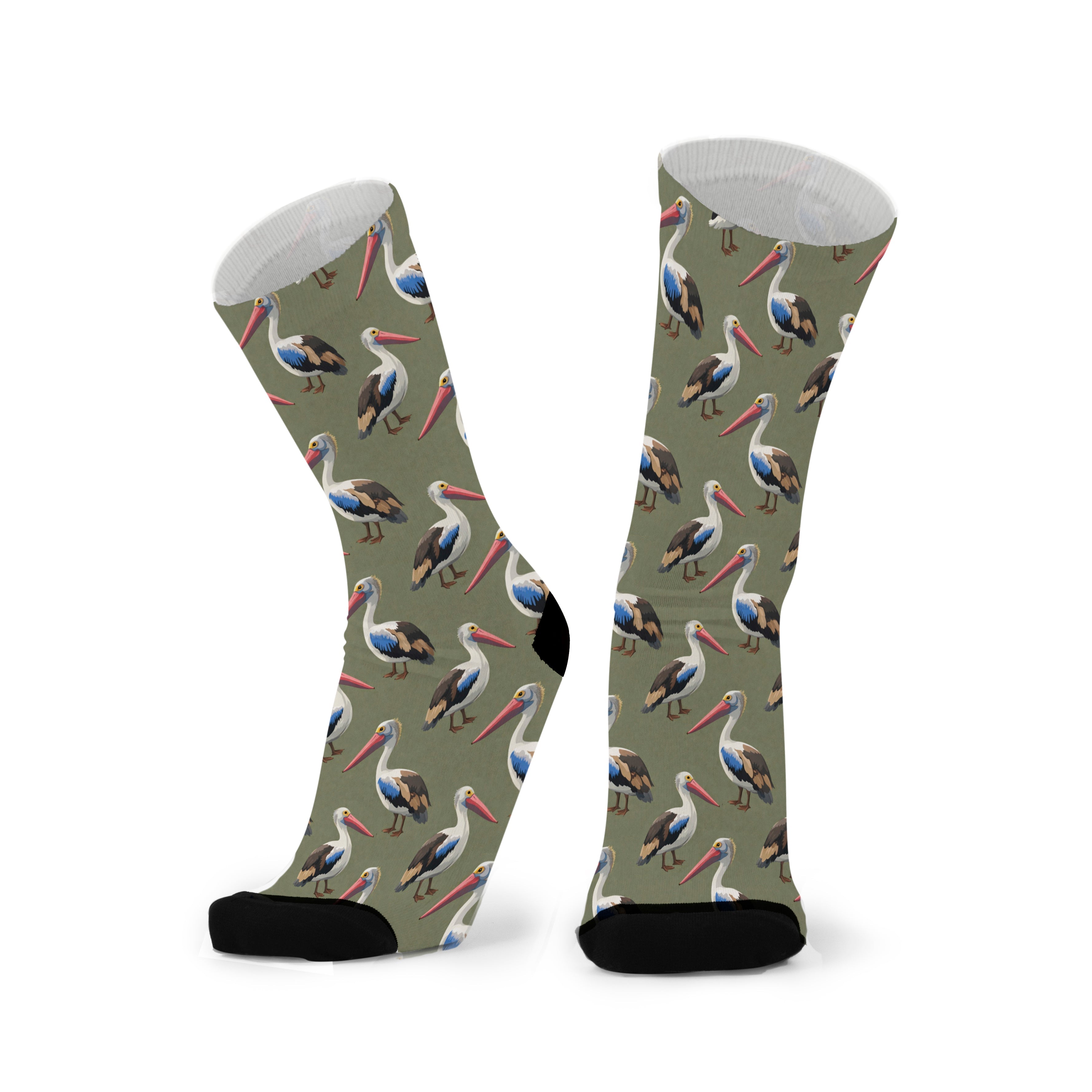 Colourful bamboo socks featuring pelicans on a dark green background.