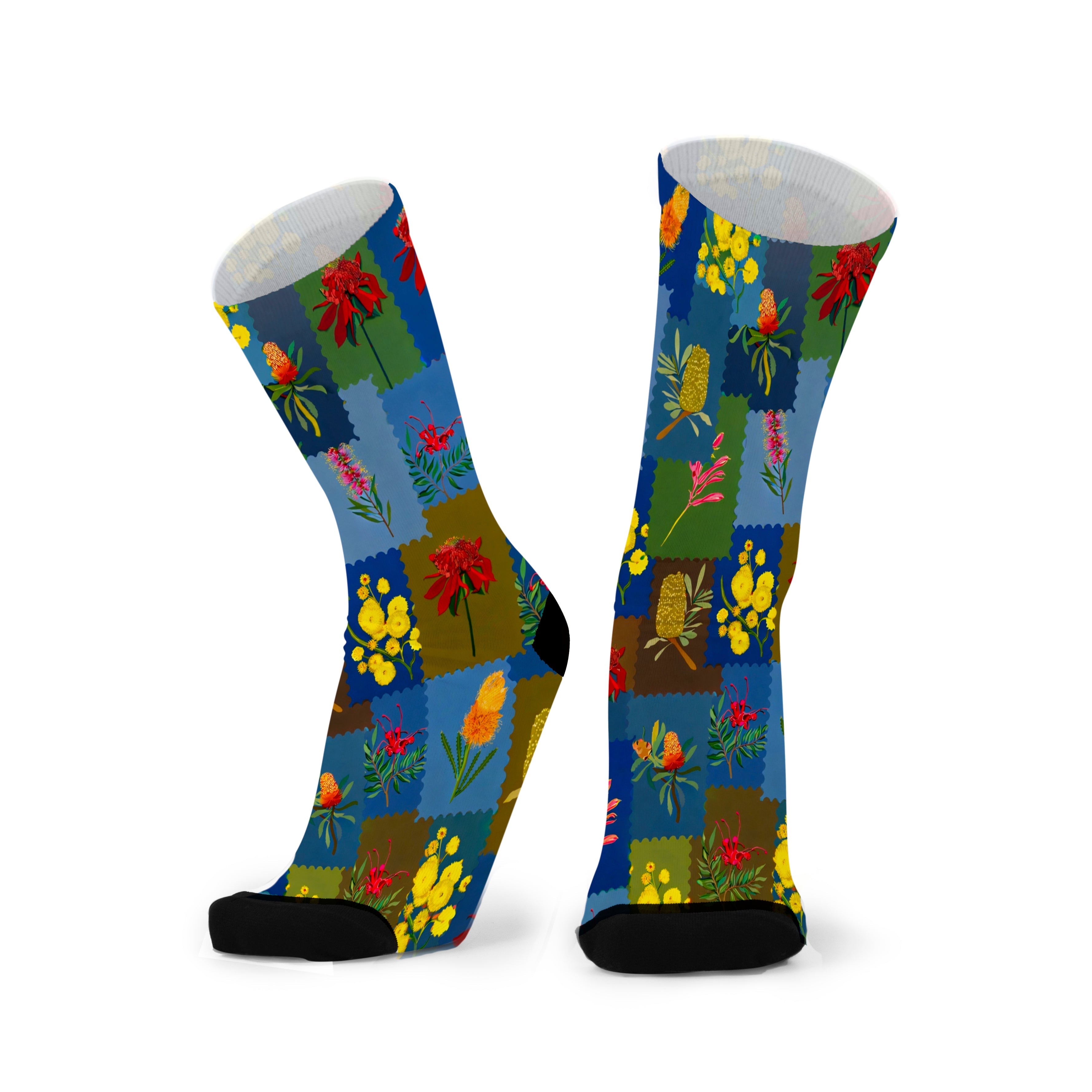 Colourful bamboo socks featuring wattle, banksia and kangaroo paw flower on a multicoloured background.