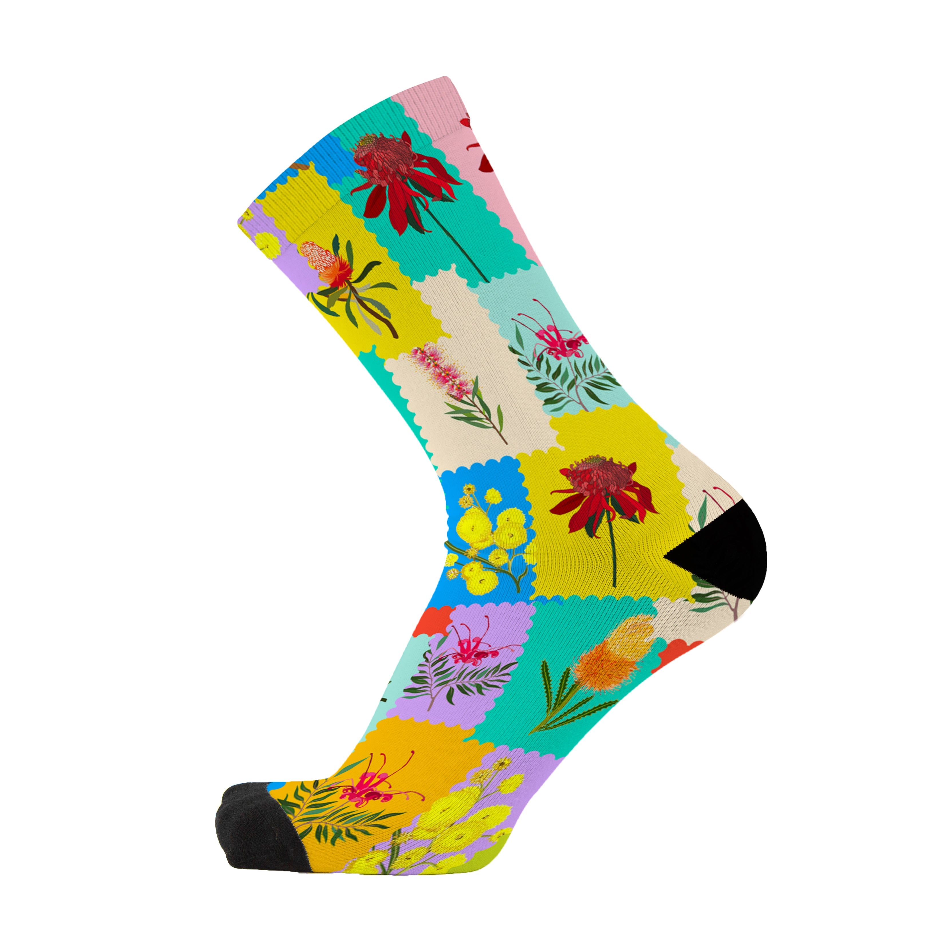 Colourful bamboo socks featuring Australian flowers such as Kangaroo Paw, Bottlebrush, Golden Wattle, Banksia and Spider Flower on a rainbow background.