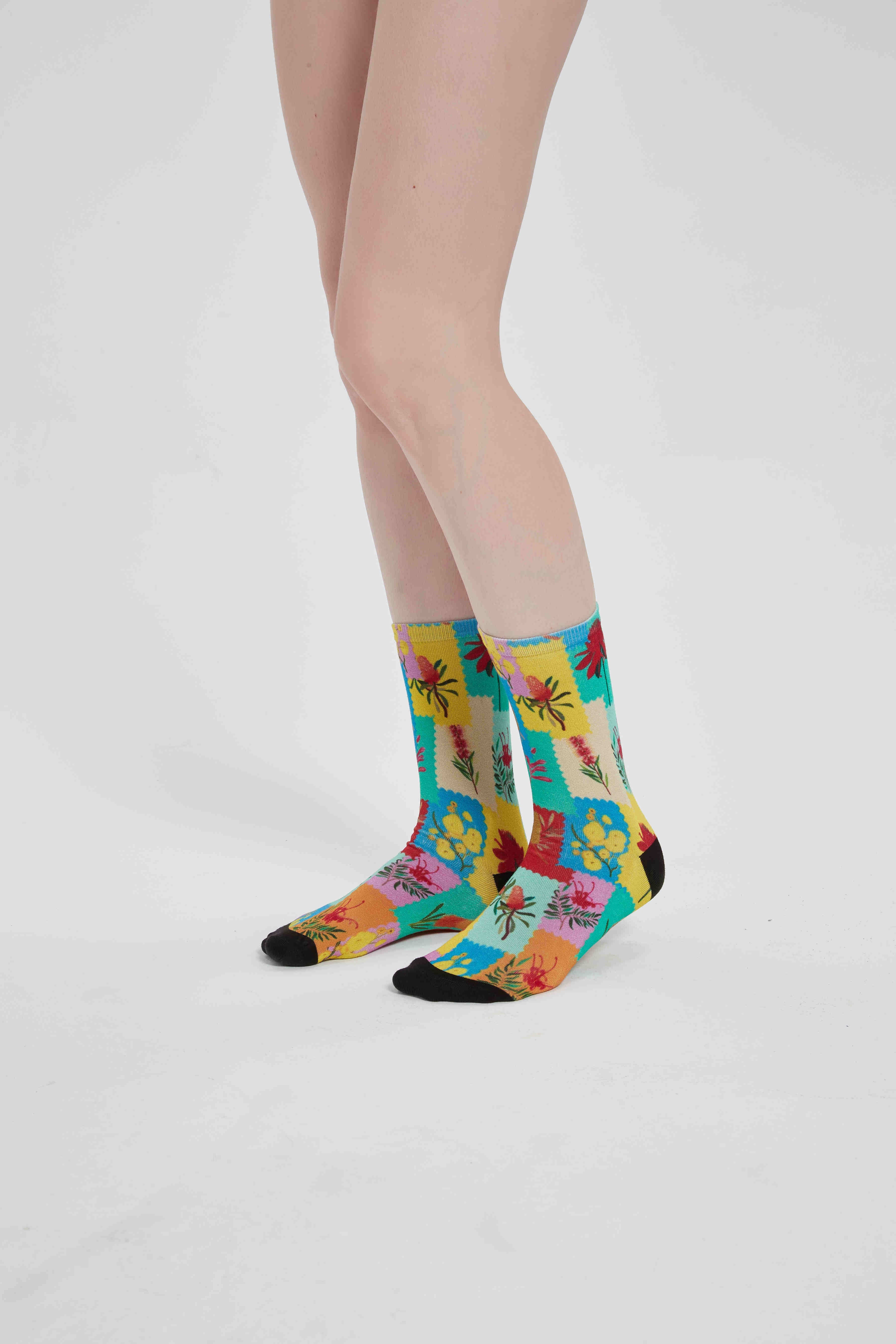 Colourful bamboo socks featuring Australian flowers such as Kangaroo Paw, Bottlebrush, Golden Wattle, Banksia and Spider Flower on a rainbow background.