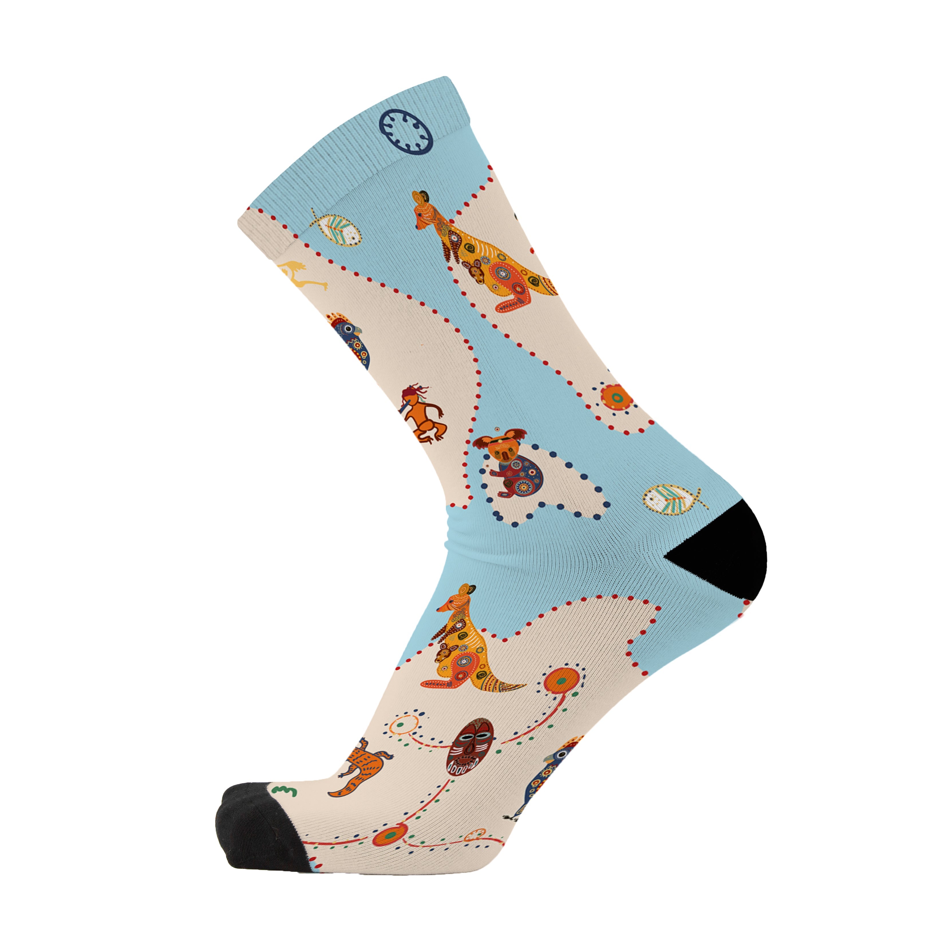 Colourful bamboo socks featuring Australian animals on a white and blue background.