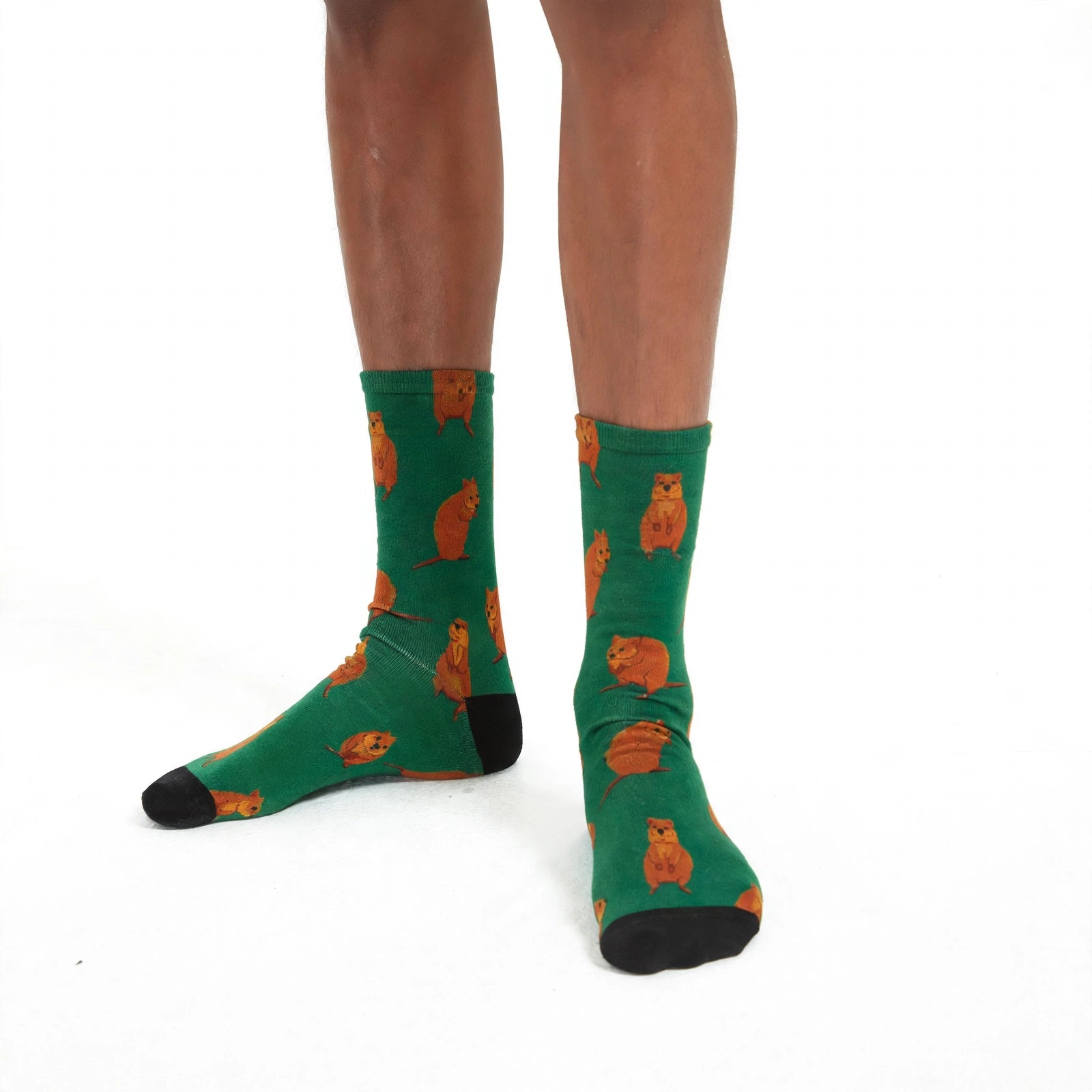 A person's feet and lower legs wearing green crew socks with an quokka print and black heels, toes, and cuffs, shown against a plain white background.