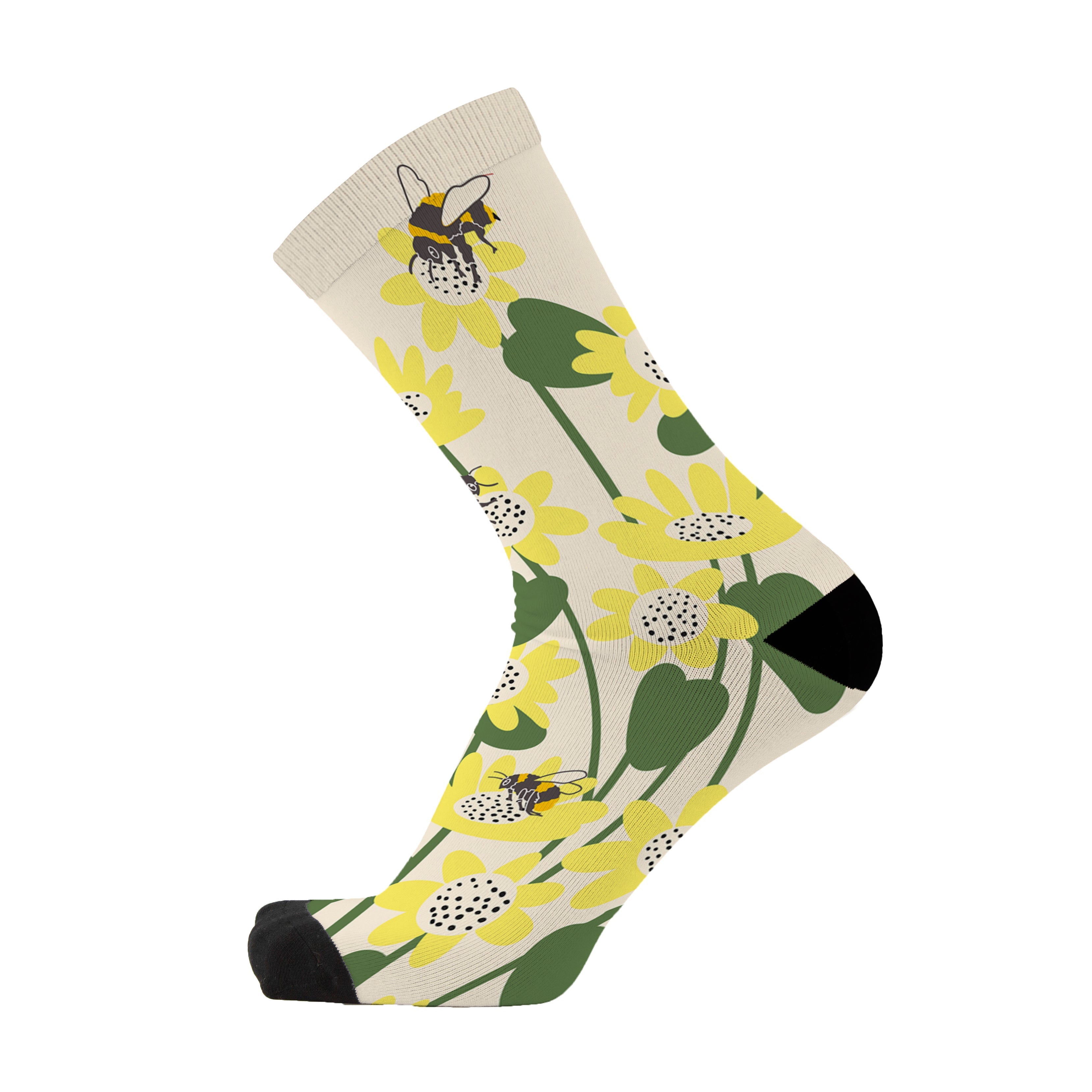 Colourful bamboo socks featuring bees and yellow flowers on a cream background.