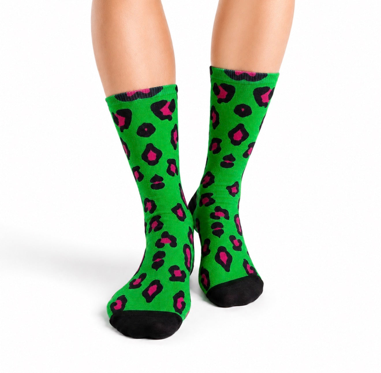 Bold green leopard print bamboo socks with black and pink animal print, Australian designed crew socks, soft breathable bamboo fabric.