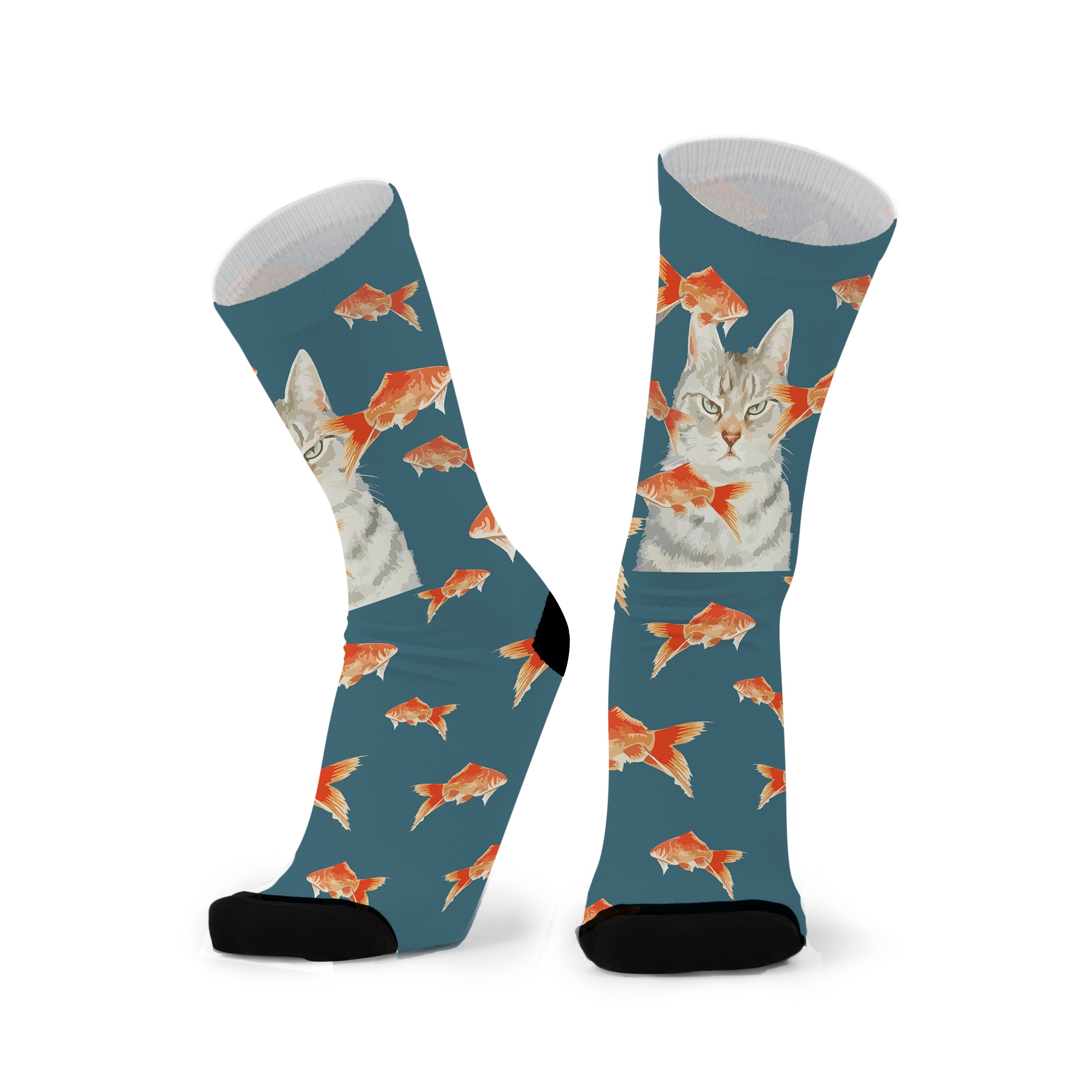 Colourful bamboo socks featuring cats and goldfish on a dark blue background.