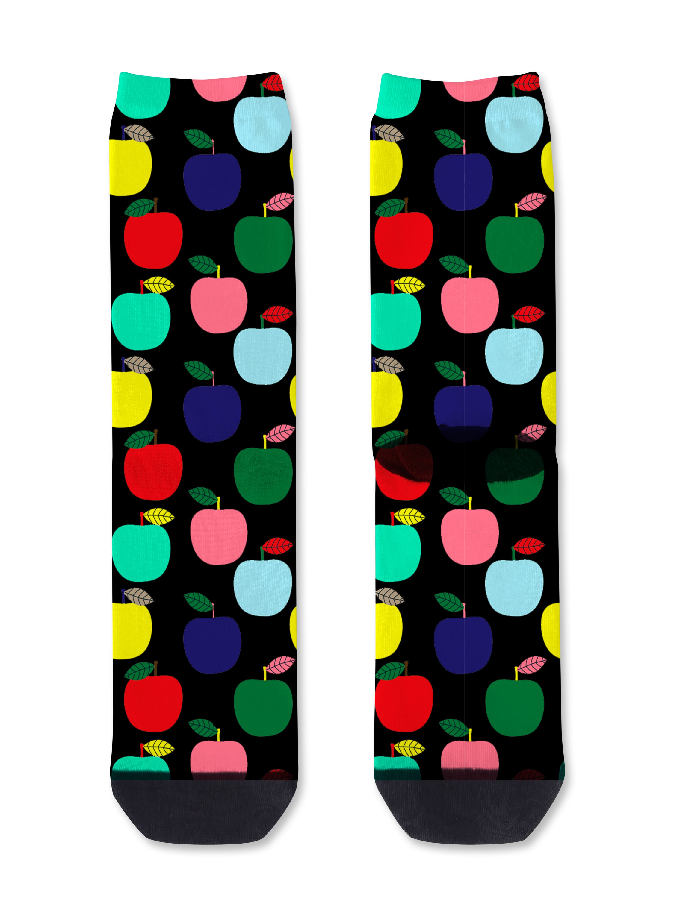 Colourful bamboo socks featuring different coloured apples on a black background.