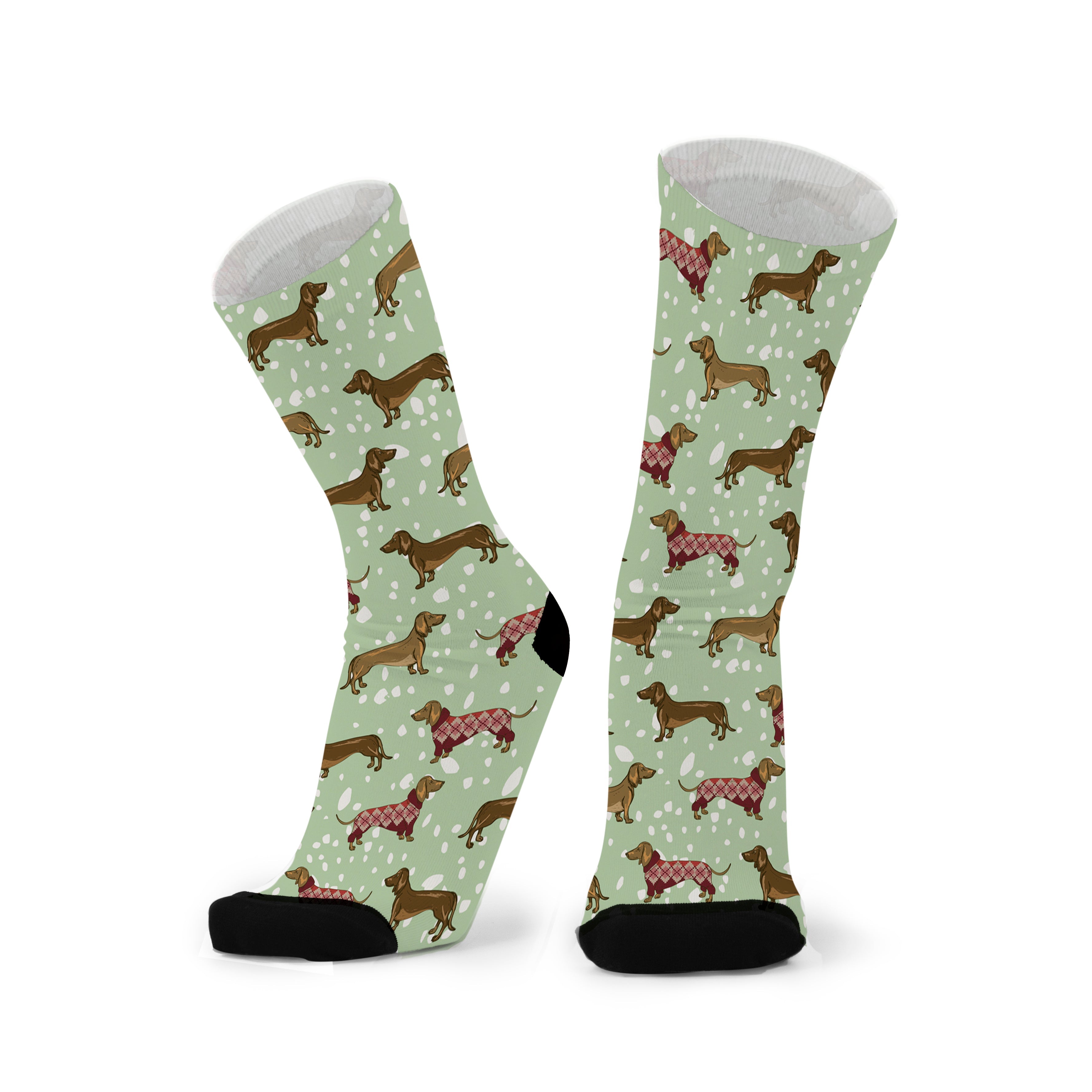 A pair of colorful socks featuring patterns of Dachshunds in various poses on a light background, designed for wide feet.
