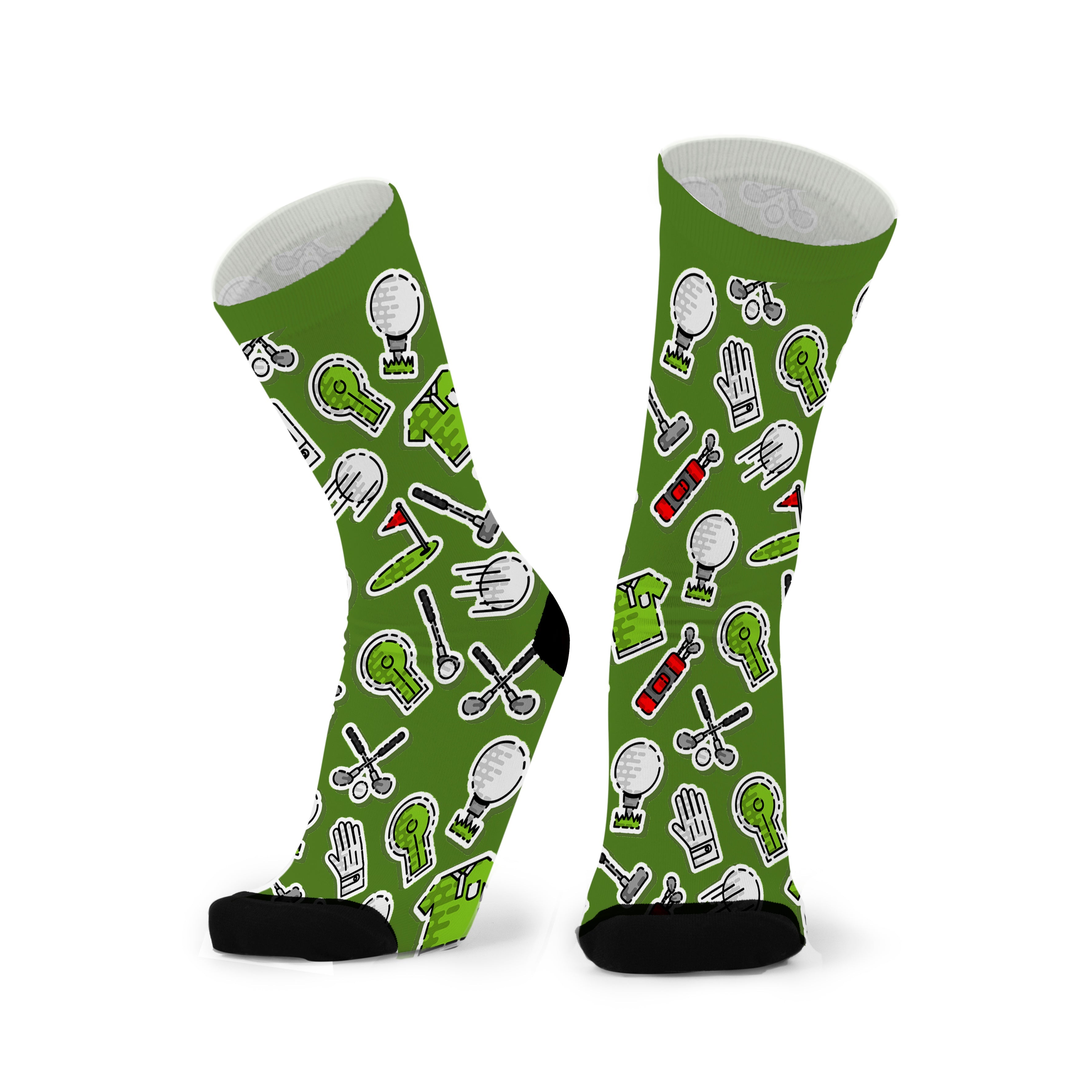 A pair of green socks with a white and red pattern featuring golf-themed designs, such as golf balls, clubs, and holes.