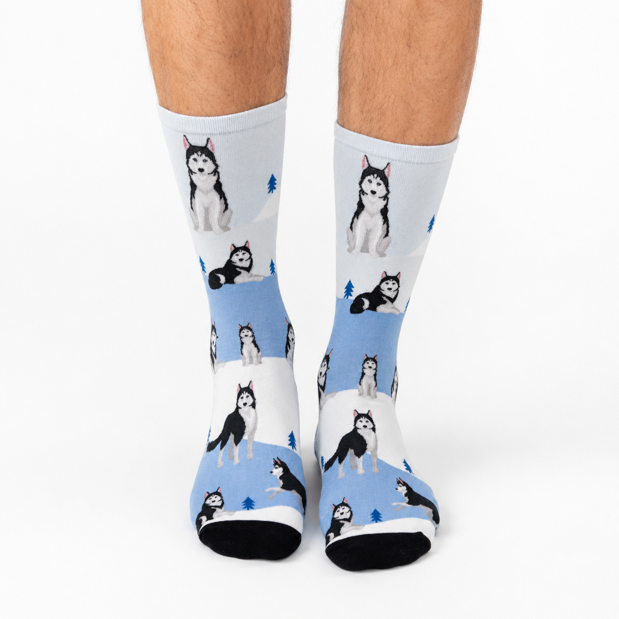 Socks with husky dog pattern on a light blue background