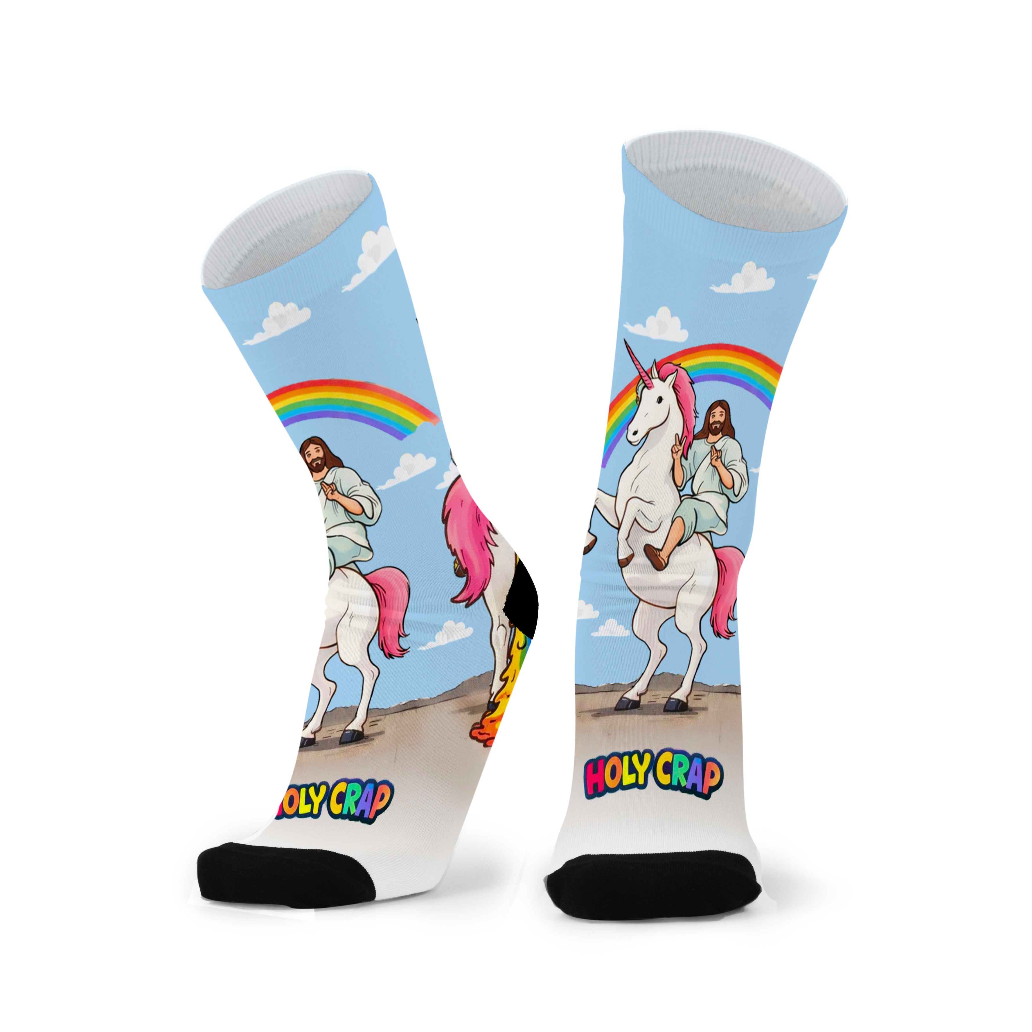 Colourful bamboo socks featuring Jesus on a unicorn and a rainbow on a multicoloured background.