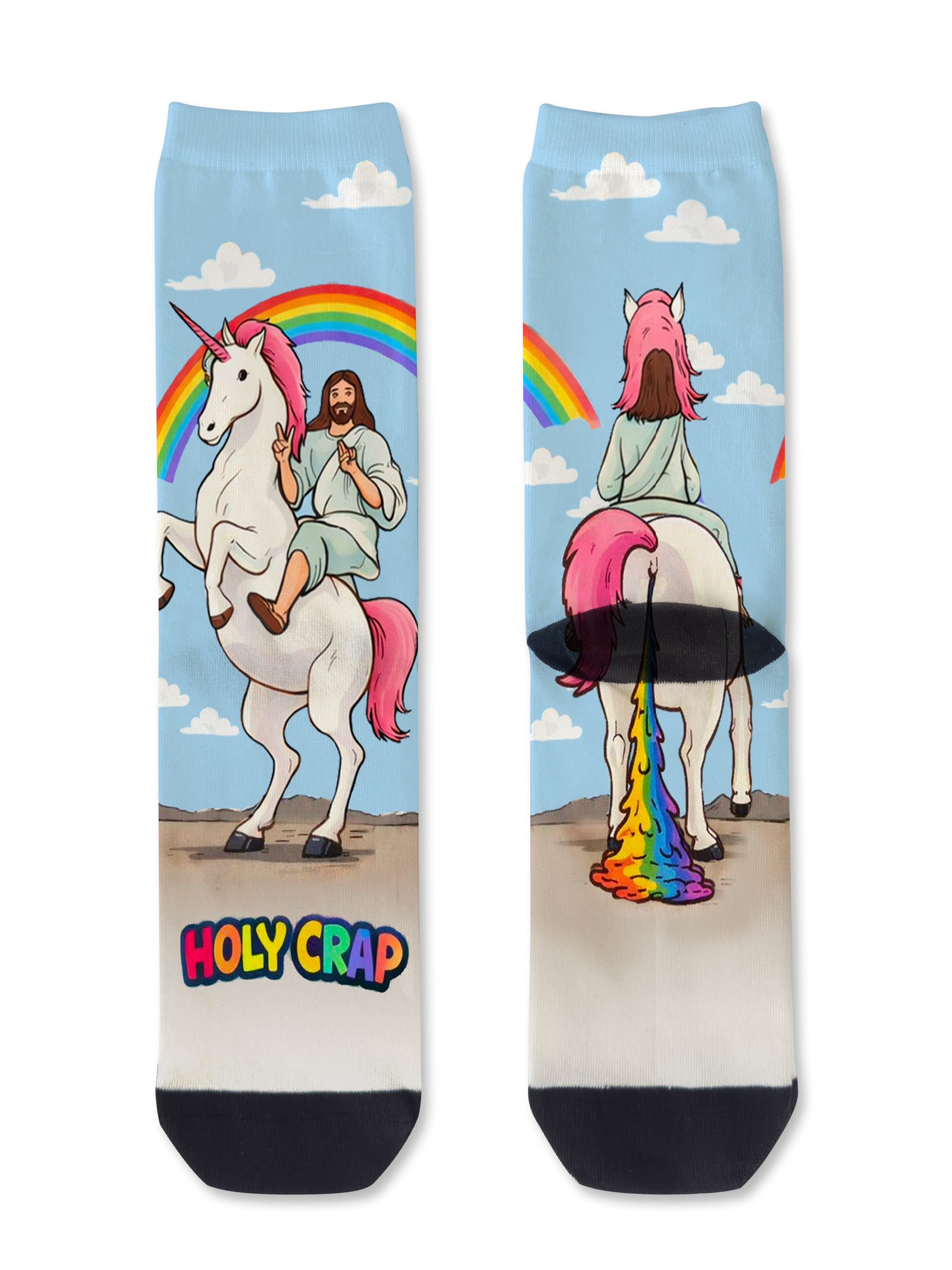 Colourful bamboo socks featuring Jesus on a unicorn and a rainbow on a multicoloured background.