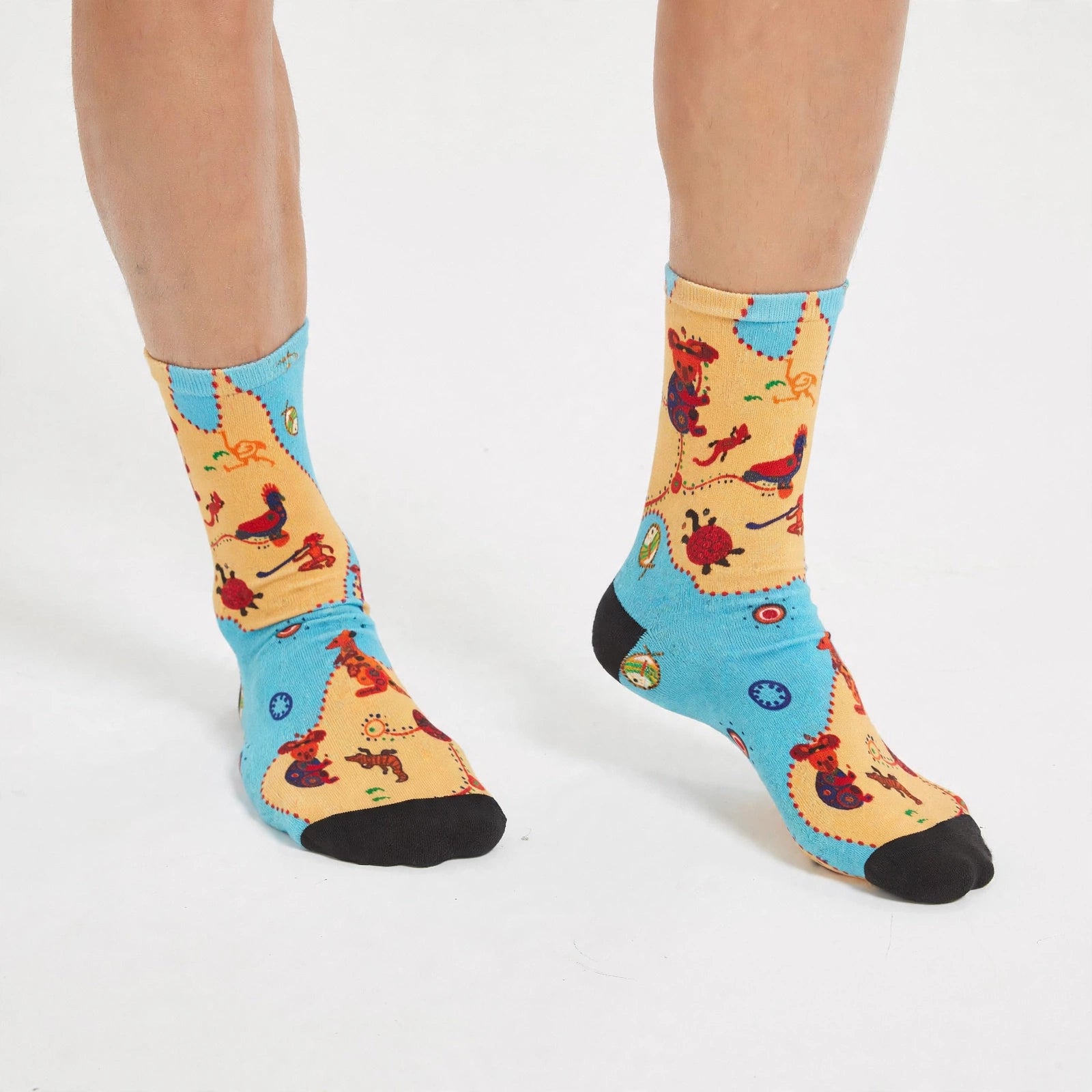 RedFoxSox aboriginal Australian animal bamboo socks blue yellow kangaroo koala turtle print black toe pure white background
