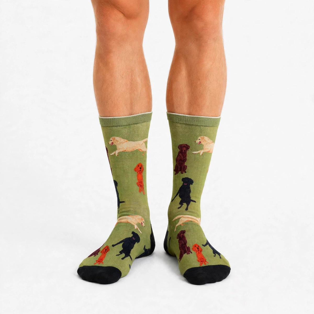 A person's legs and feet wearing olive green crew socks with a pattern of various Labrador breeds in black, tan, and red, finished with black toes and heels, photographed against a plain white background.