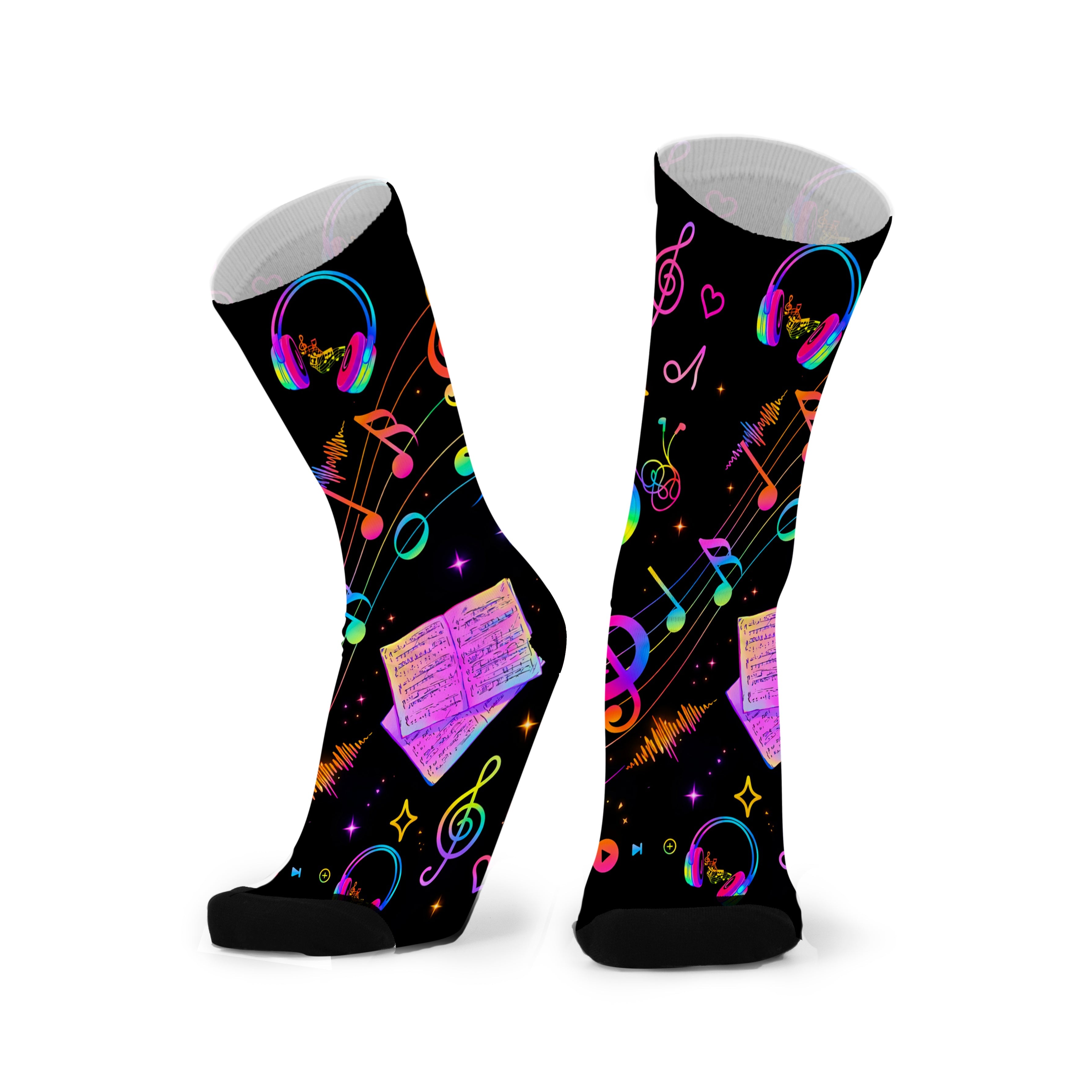 Colourful bamboo socks featuring rainbow music notes and headphones on a black background.