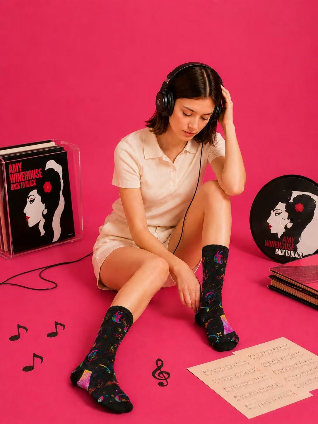 Colourful bamboo socks featuring rainbow music notes and headphones on a black background.