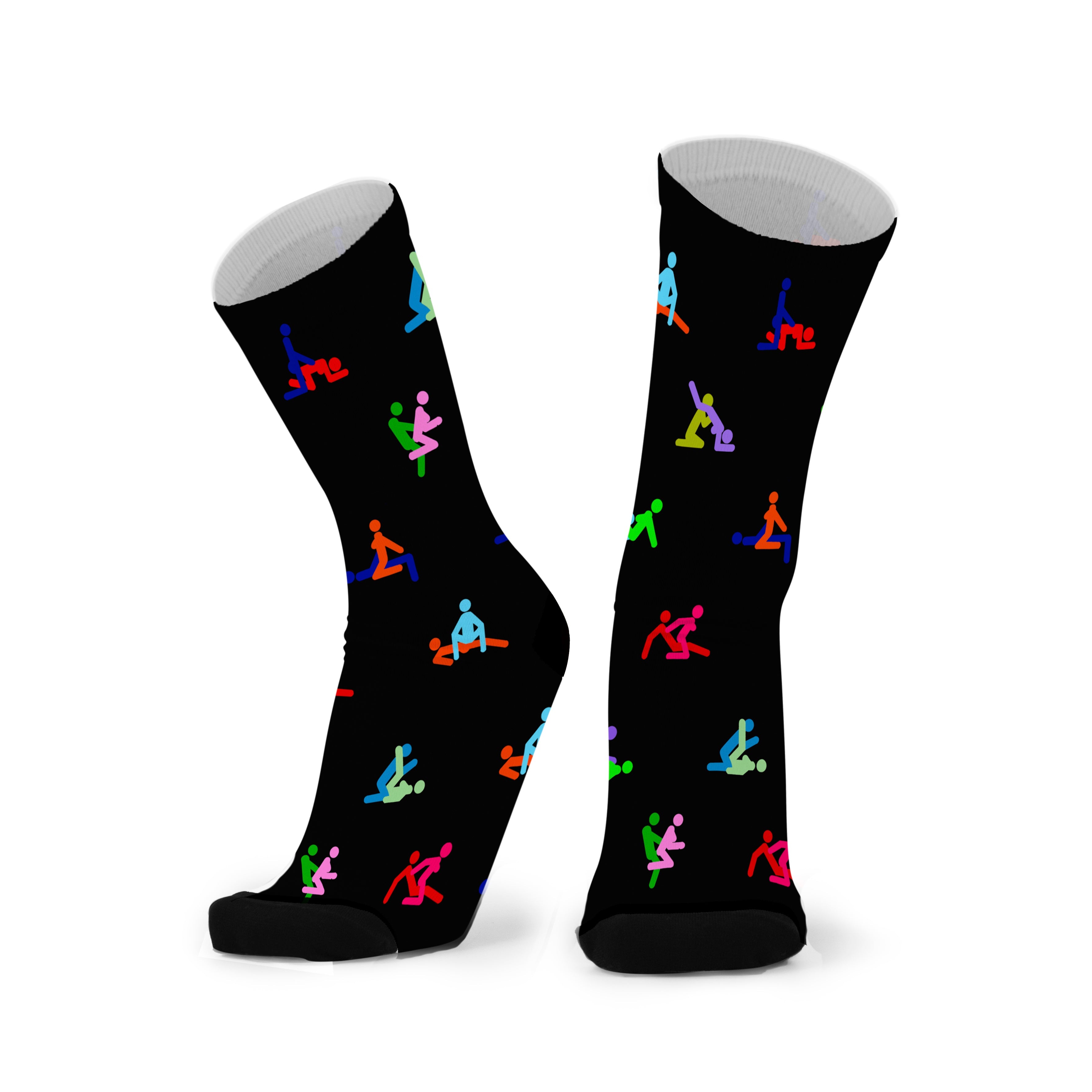 Colourful bamboo socks featuring naughty stick men and women on a black background.
