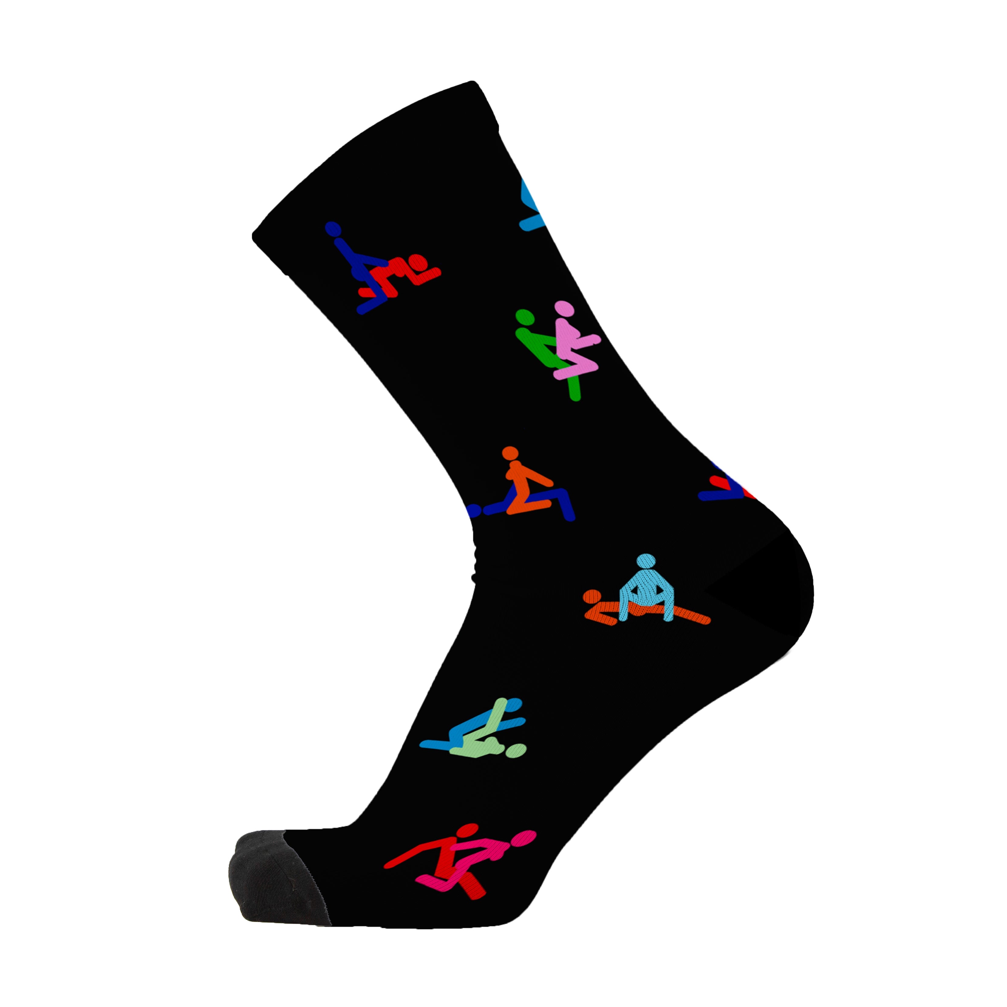Colourful bamboo socks featuring naughty stick men and women on a black background.