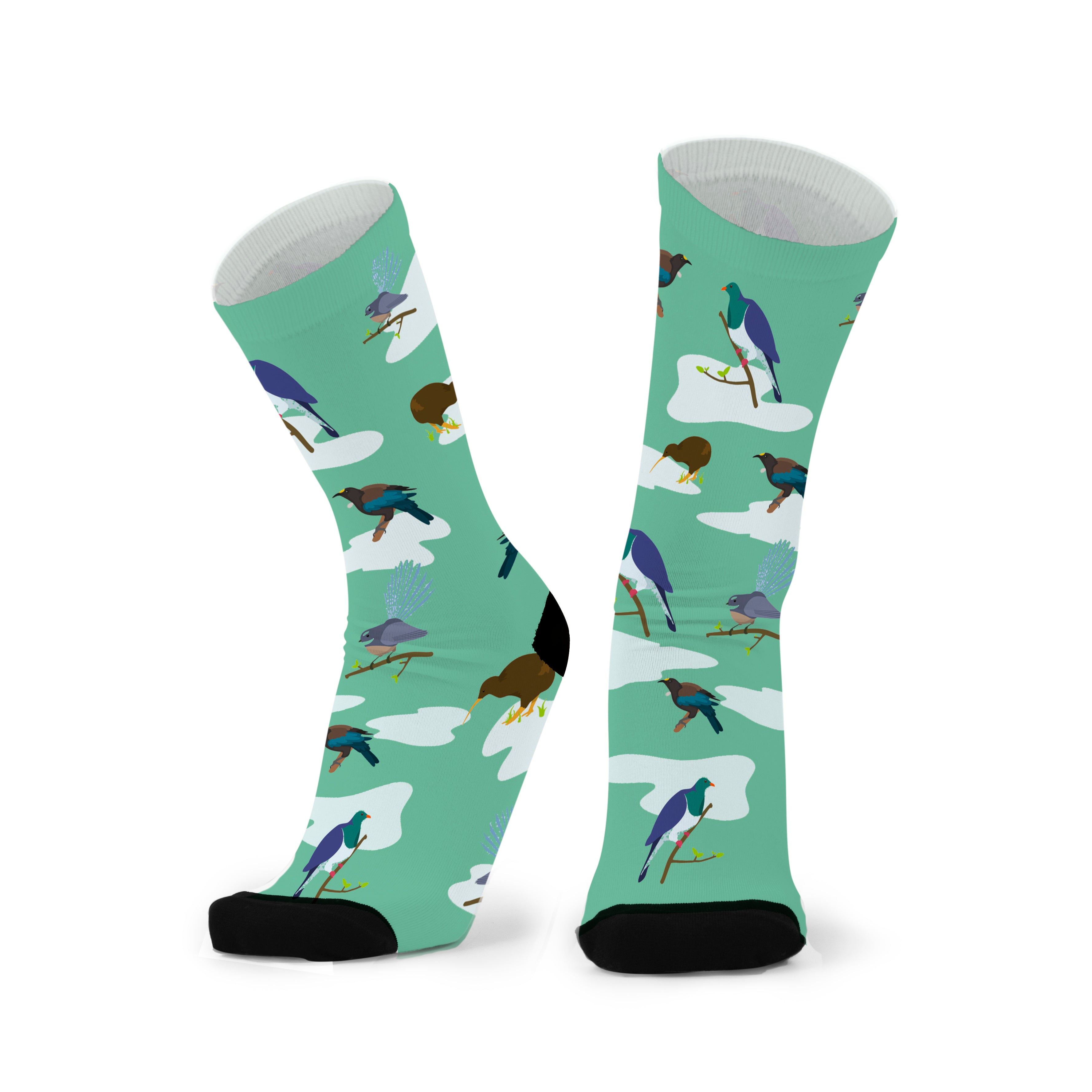 Colourful bamboo socks featuring birds from New Zealand on a blue background.