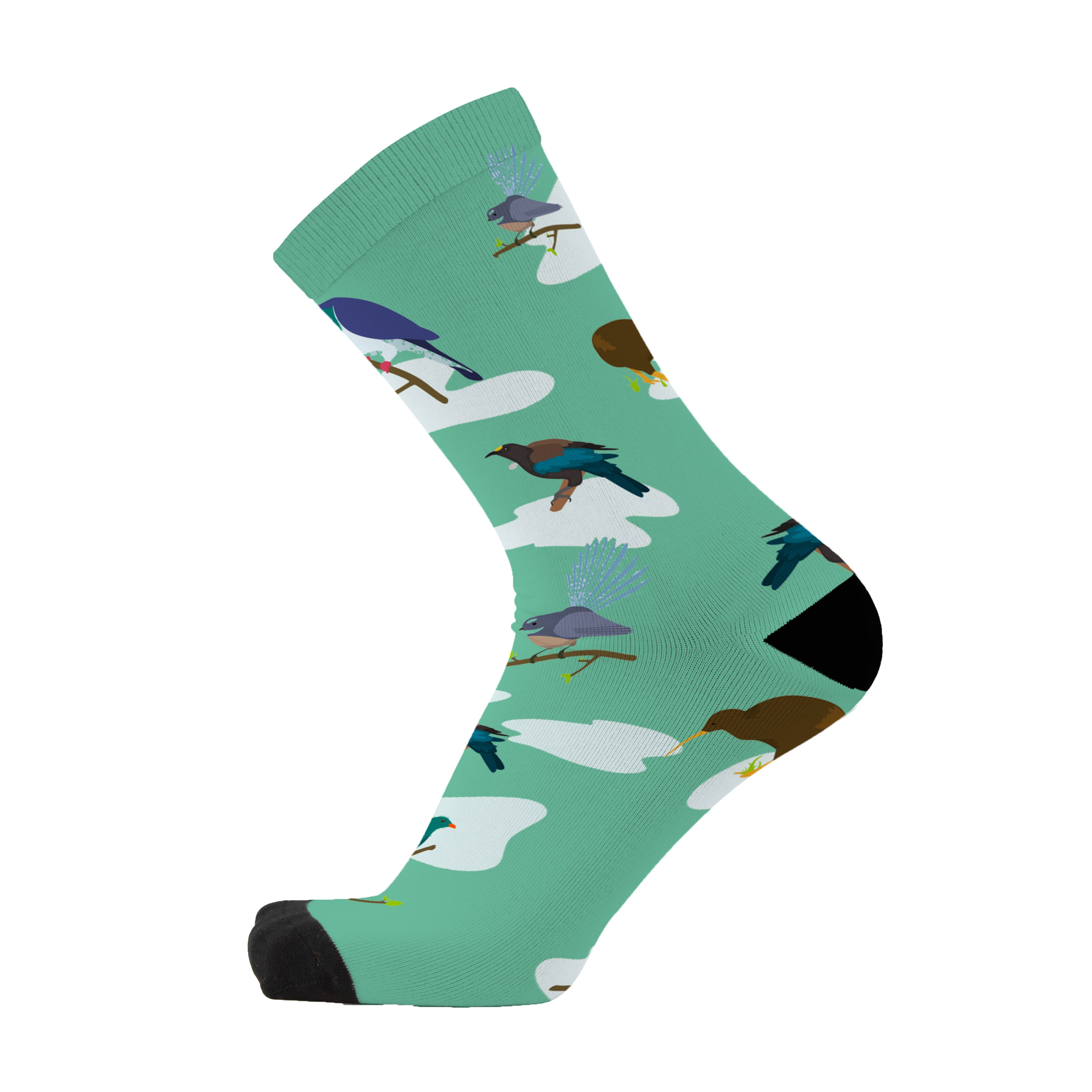 Colourful bamboo socks featuring birds from New Zealand on a blue background.