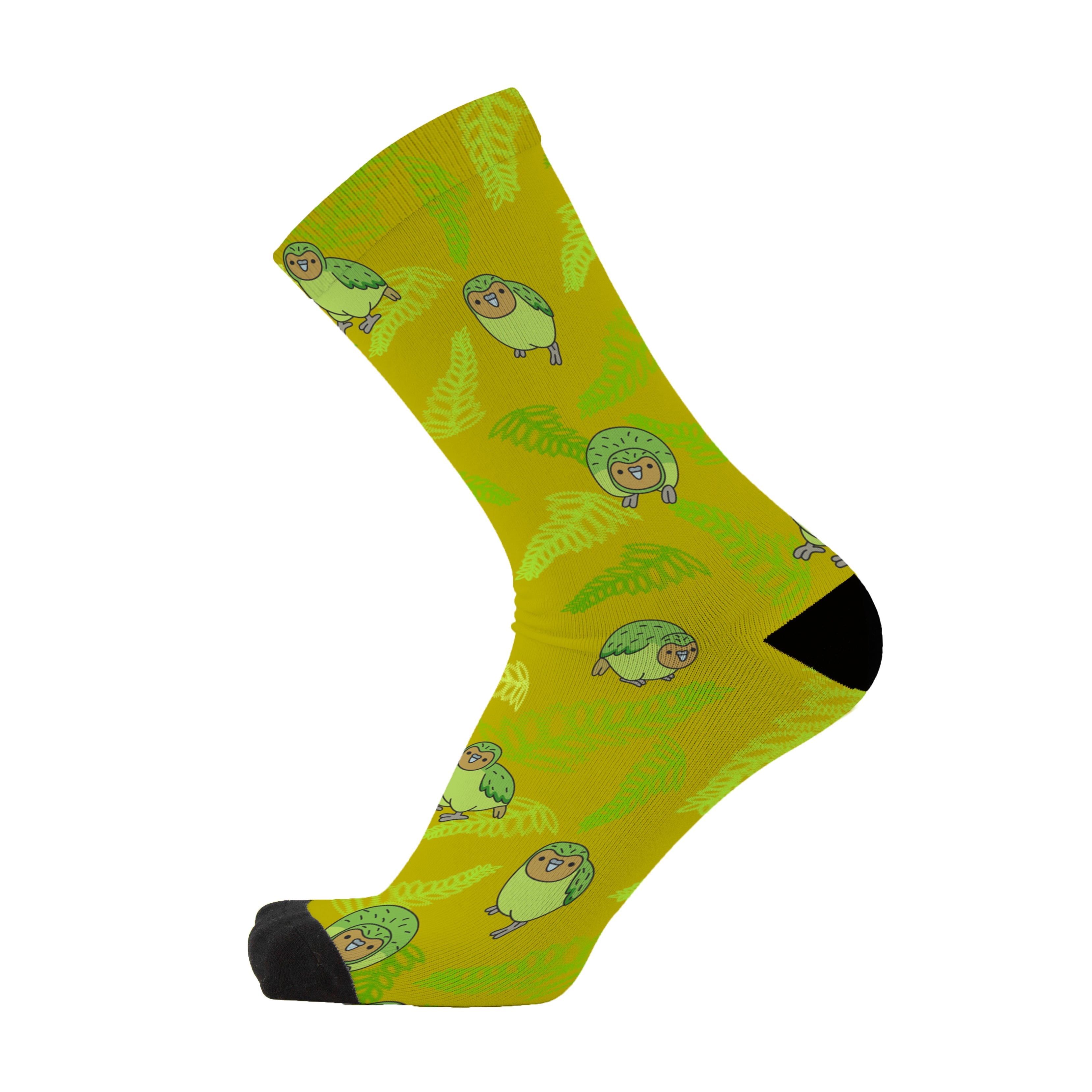 Colourful bamboo socks featuring Kakapo birds from New Zealand on a green background.