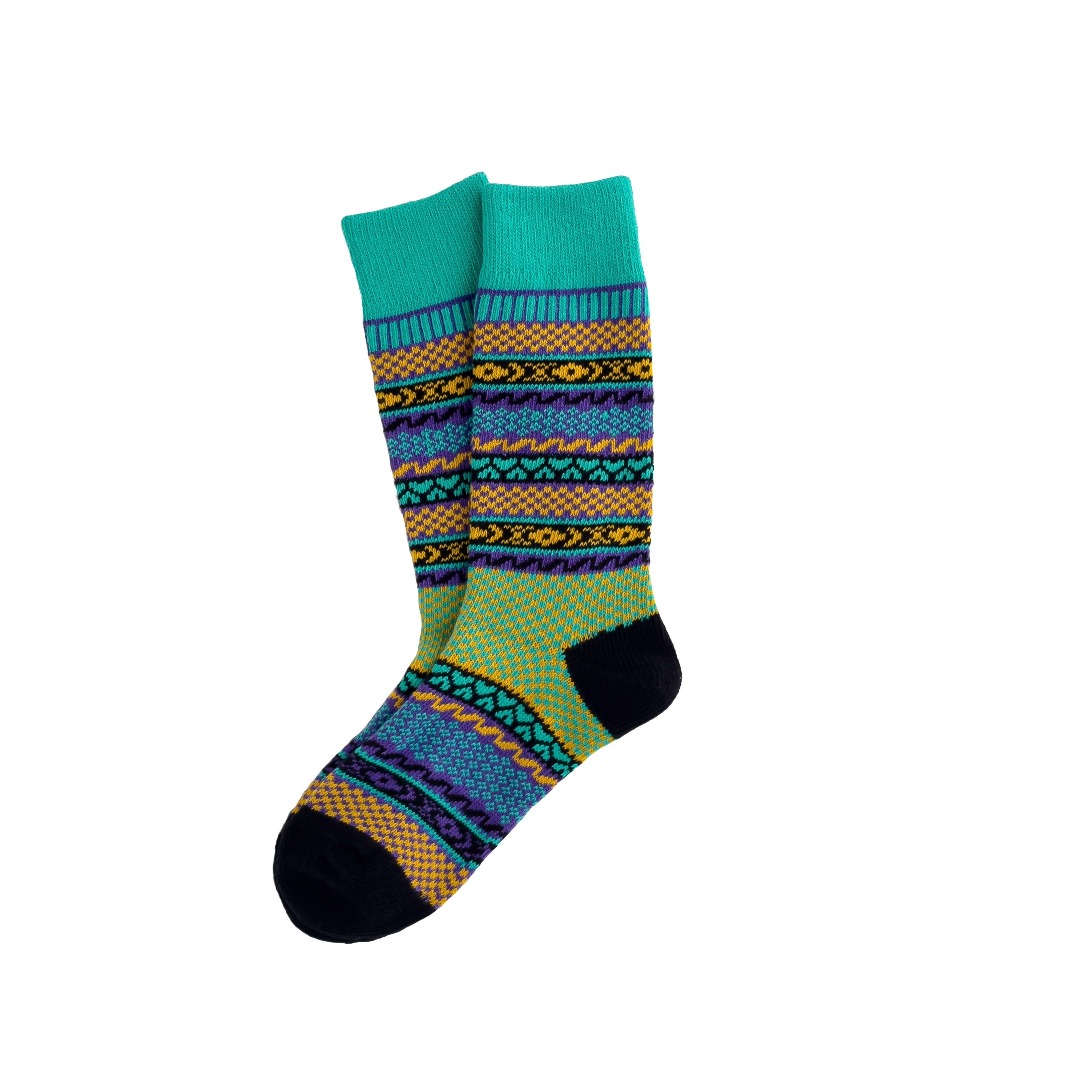 A pair of colorful nordic patterned cotton socks with a mix of geometric shapes, predominantly in green tones, suitable for daily wear. Thick Cotton socks for boots 
