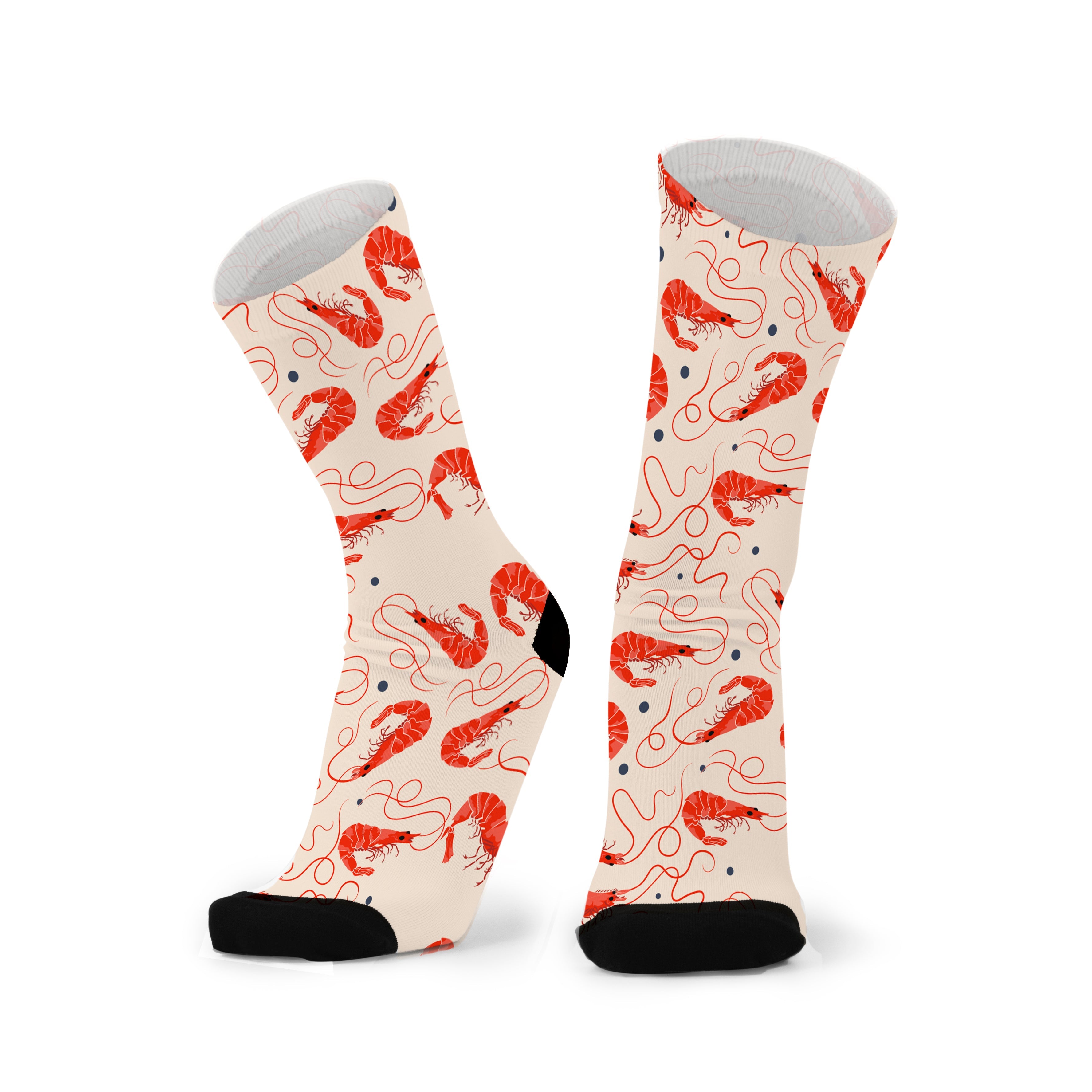 Colourful bamboo socks featuring prawns on a beige background.