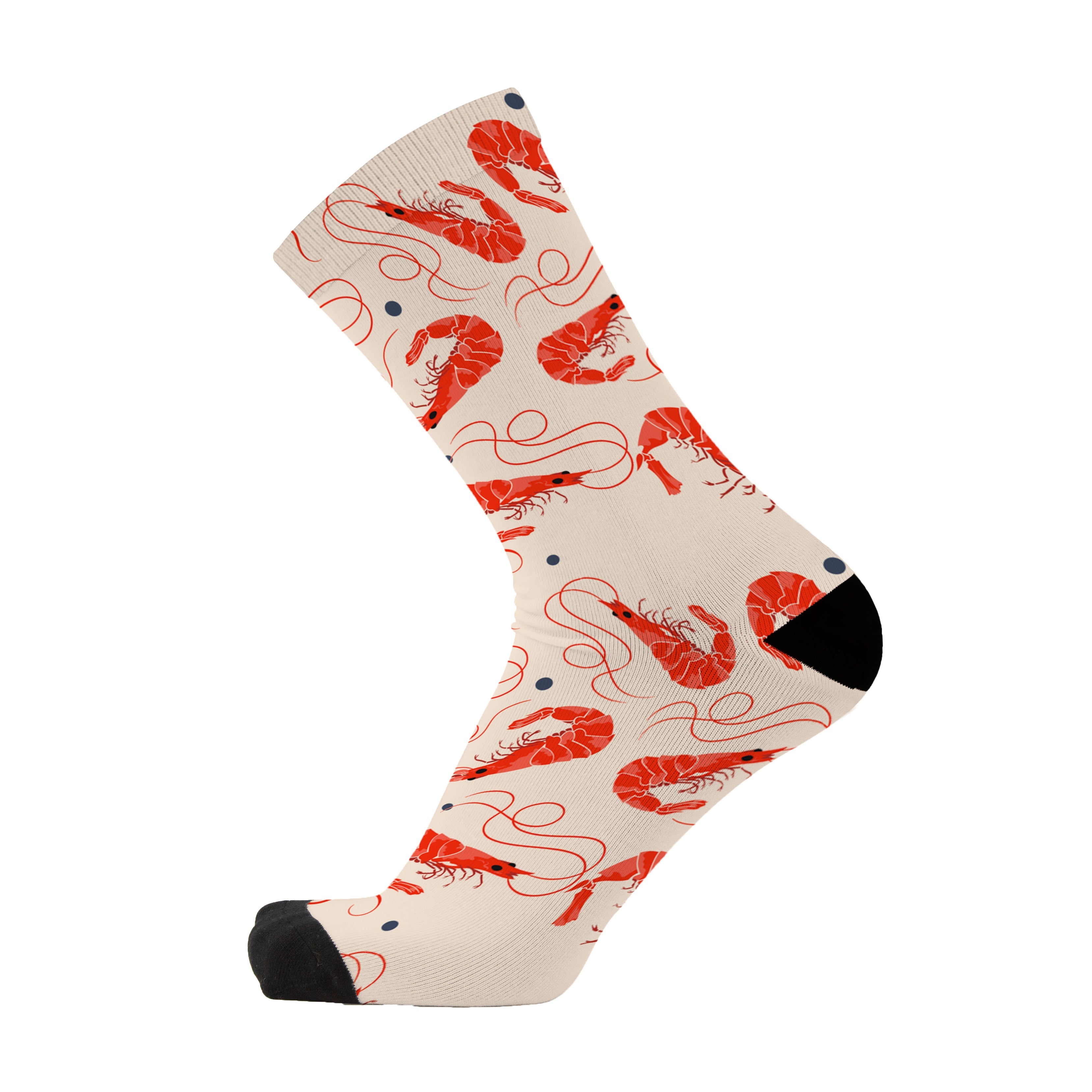 Colourful bamboo socks featuring prawns on a beige background.