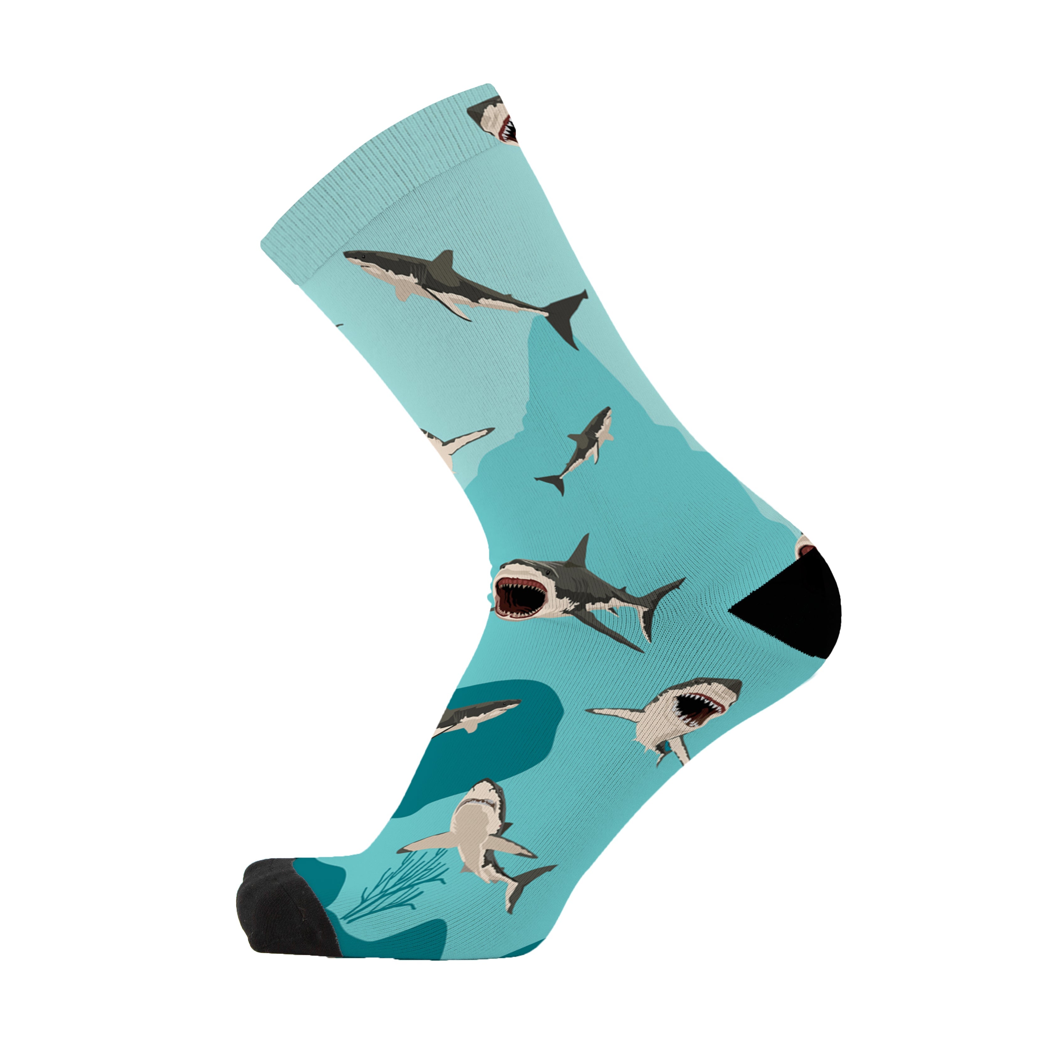 Colourful bamboo socks featuring sharks on a light blue background.