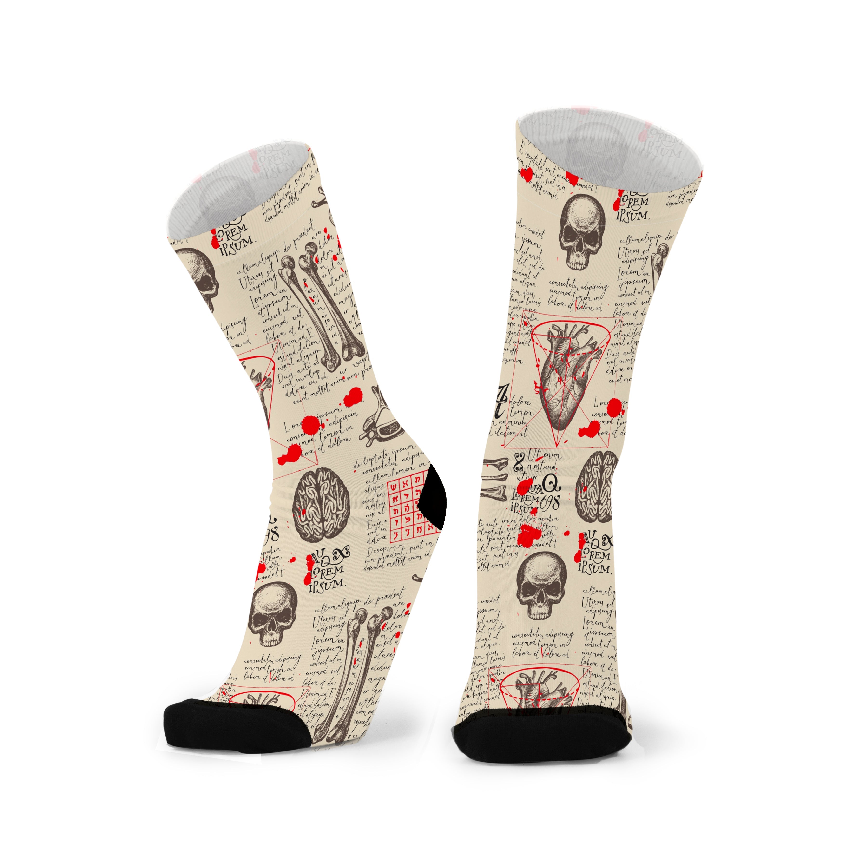 Colourful bamboo socks featuring organs, hearts, bones and skull on a beige background.