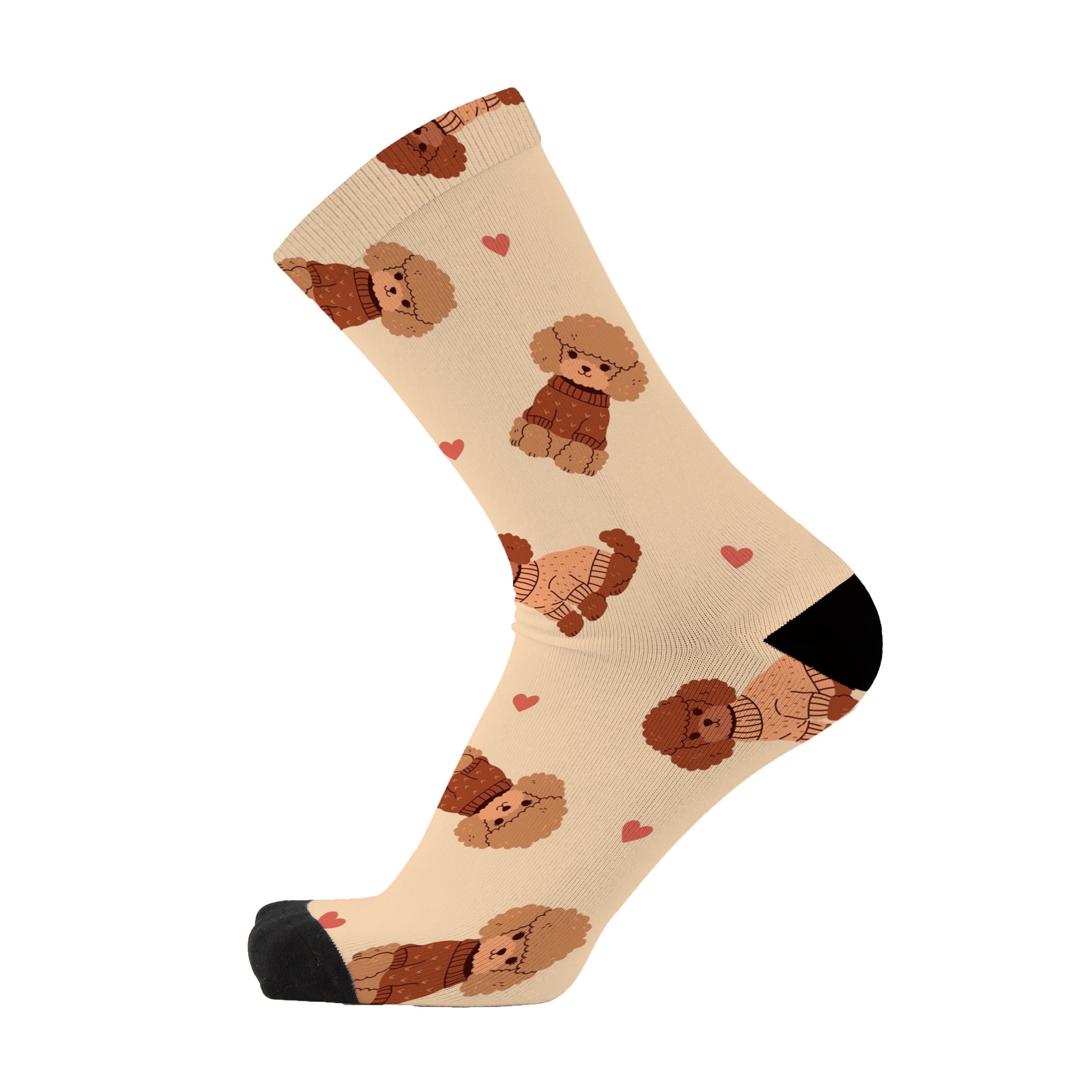 Colourful bamboo socks featuring poodles on a blue background.