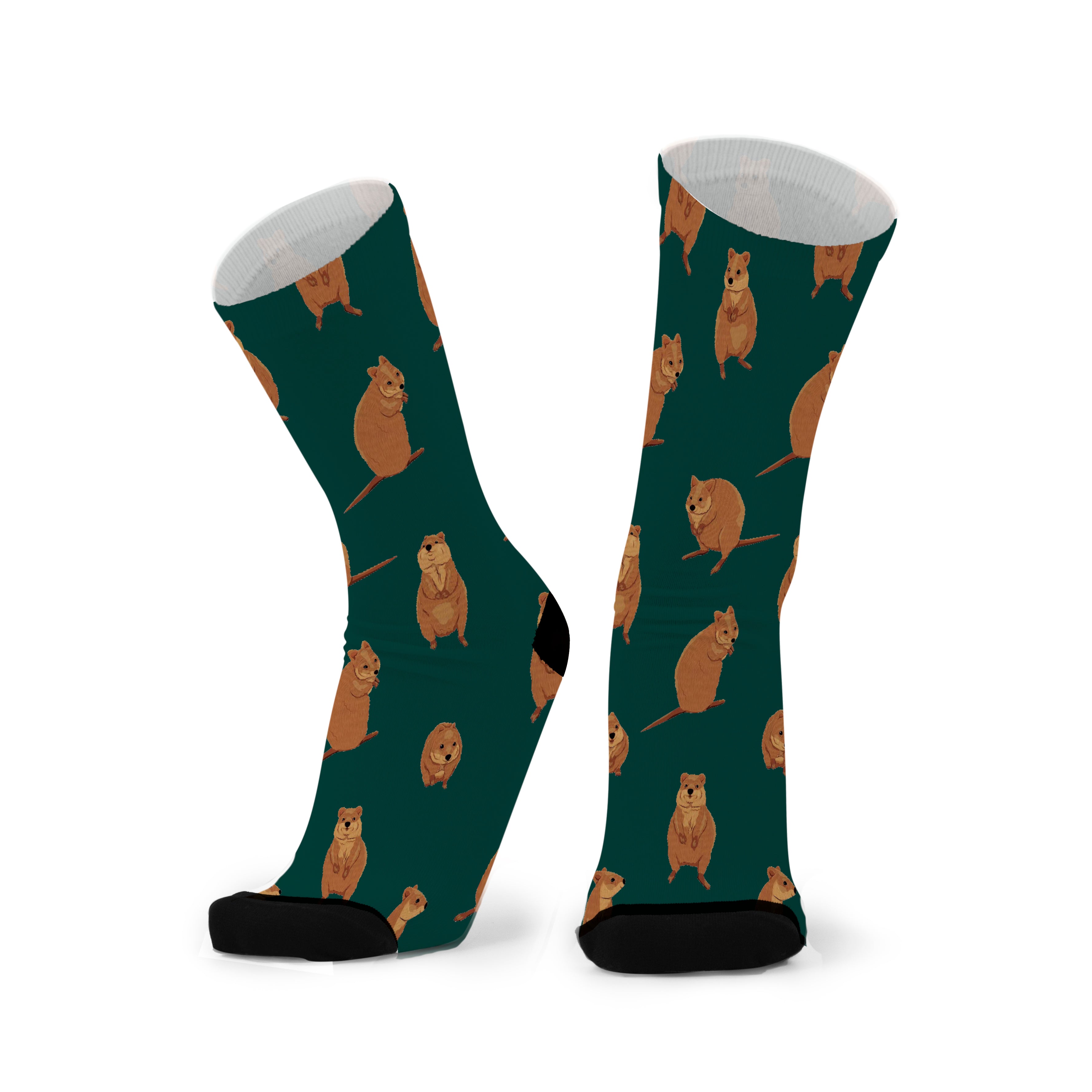 A pair of dark green socks with a pattern of brown quokka animals.