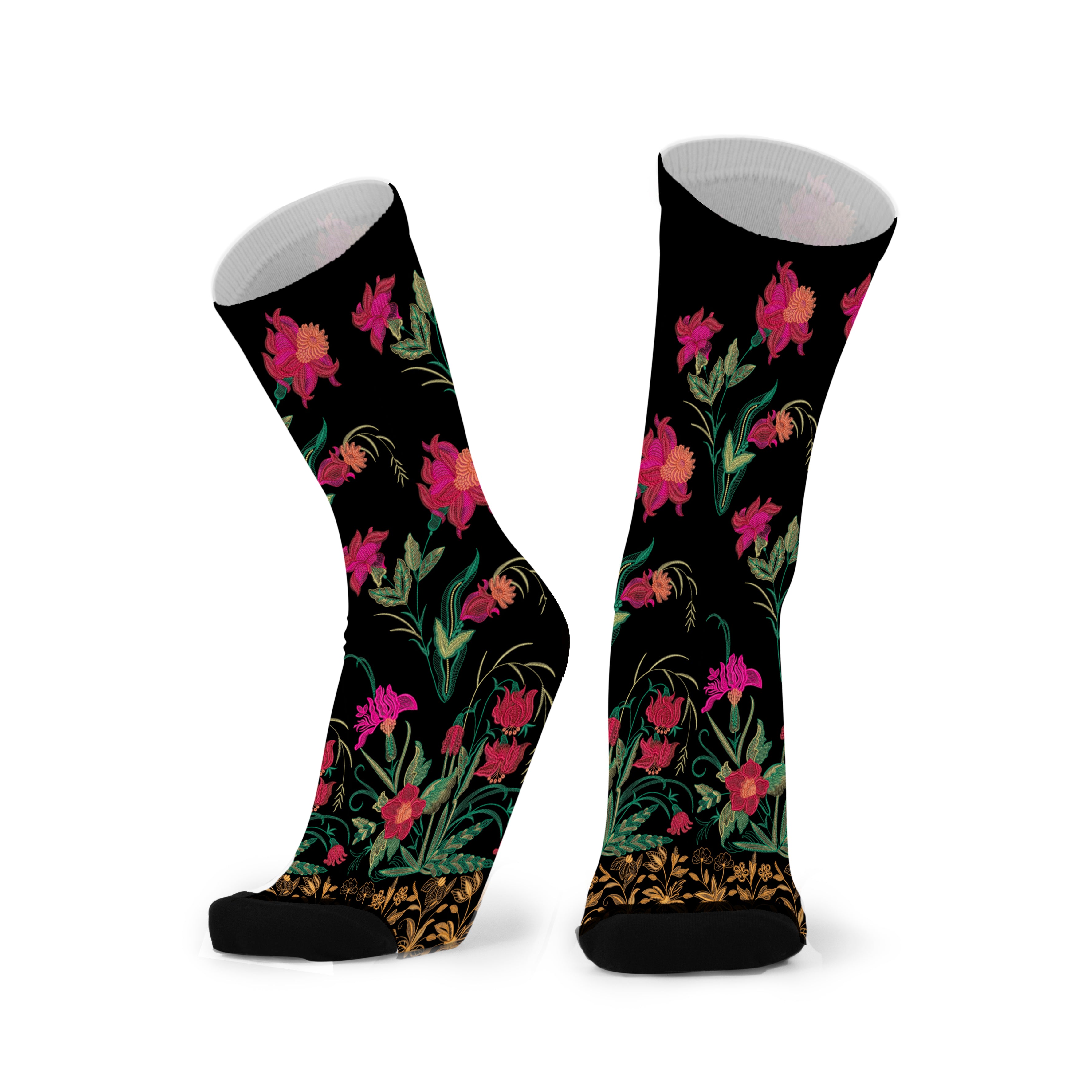 Colourful bamboo socks featuring red flowers on a black background.