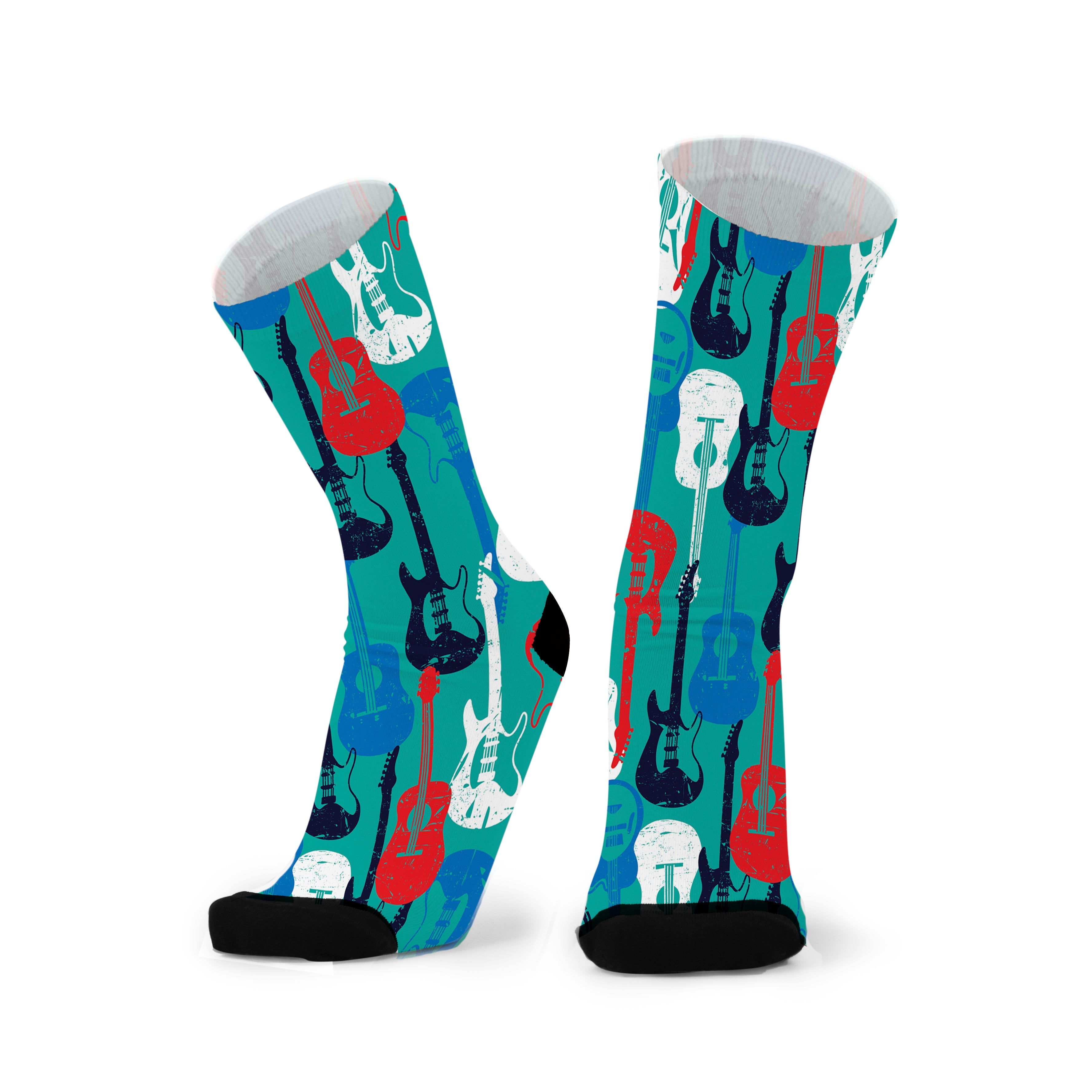 A pair of colorful socks featuring a pattern of guitars and musical symbols on a blue background.