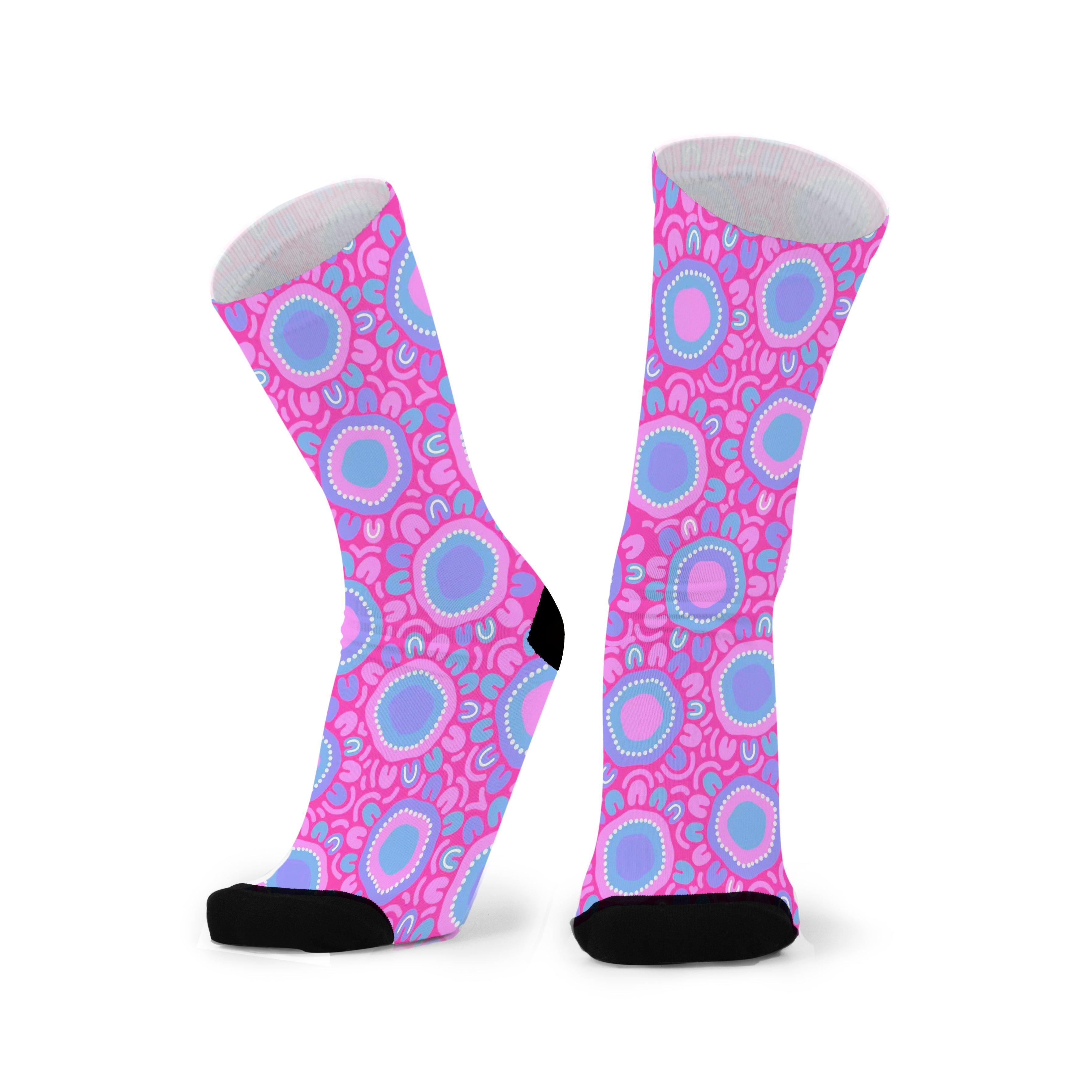 Pair of socks with pink and blue aboriginal pattern 